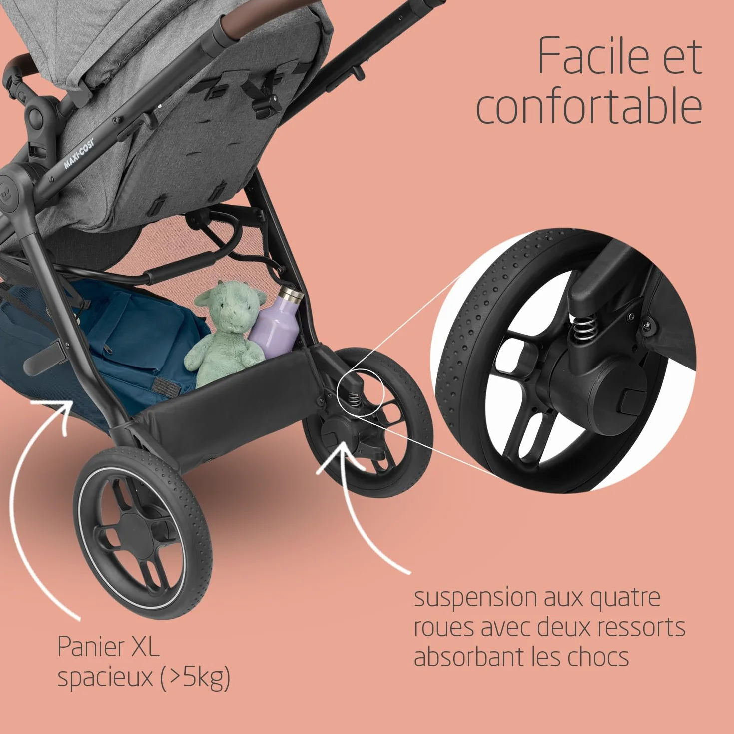 Maxi-Cosi Zelia S Trio Poussette 3 en 1, 0-4 Ans, 22 kg, Pliable, Compacte, avec CabrioFix S i-Size, Gris
