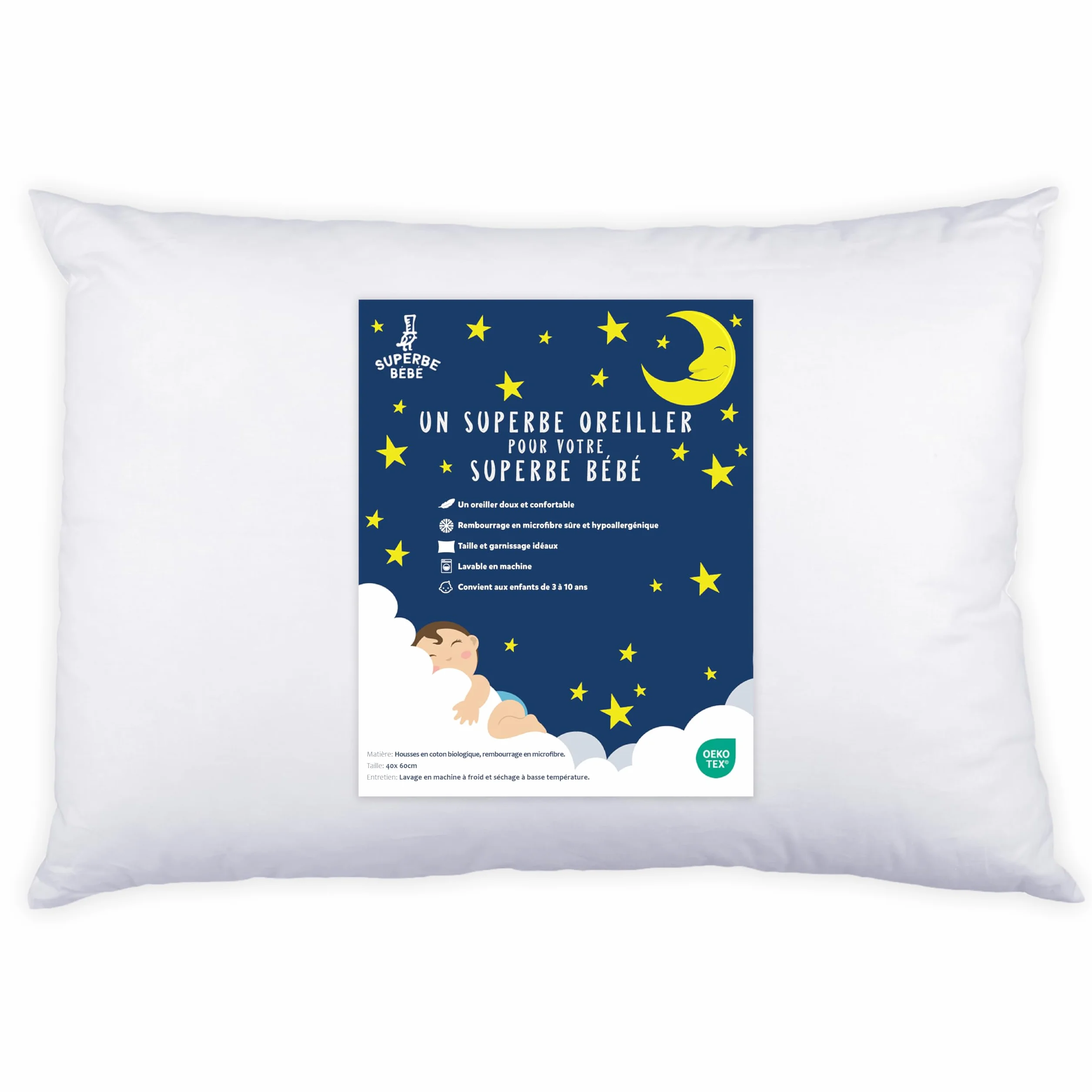 Oreiller Enfant 40x60 cm Coton Oeko-TEX Coussin Bebe Hypoallergénique Lavable en Machine