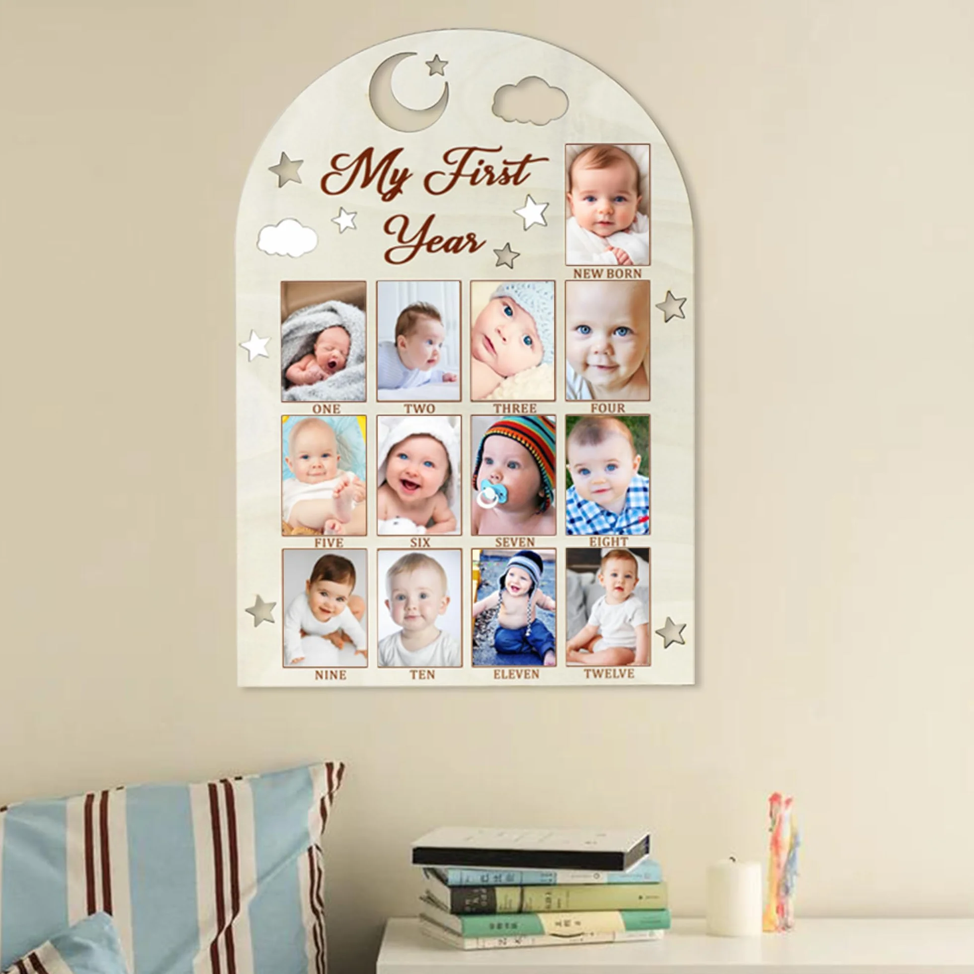 Tableau photo en bois My First Year découpe 3D bébé 12 mois décoration premier anniversaire fille garçon