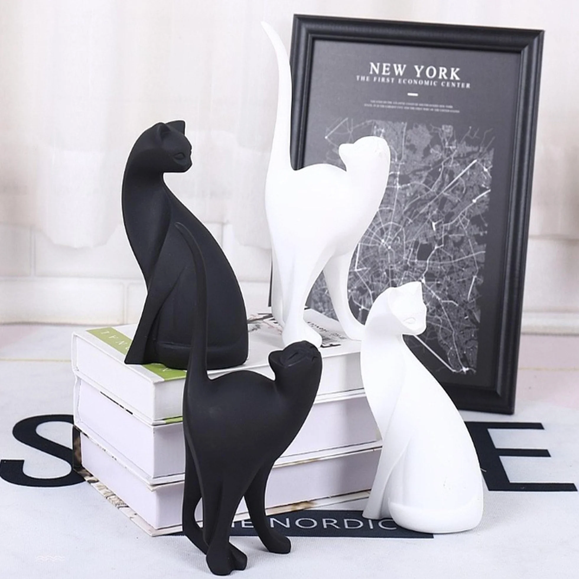 Moderne Statue Chaton Resine Sculpture Abstraite Decoration Interieur Cadeaux Amoureux Chats (argent)