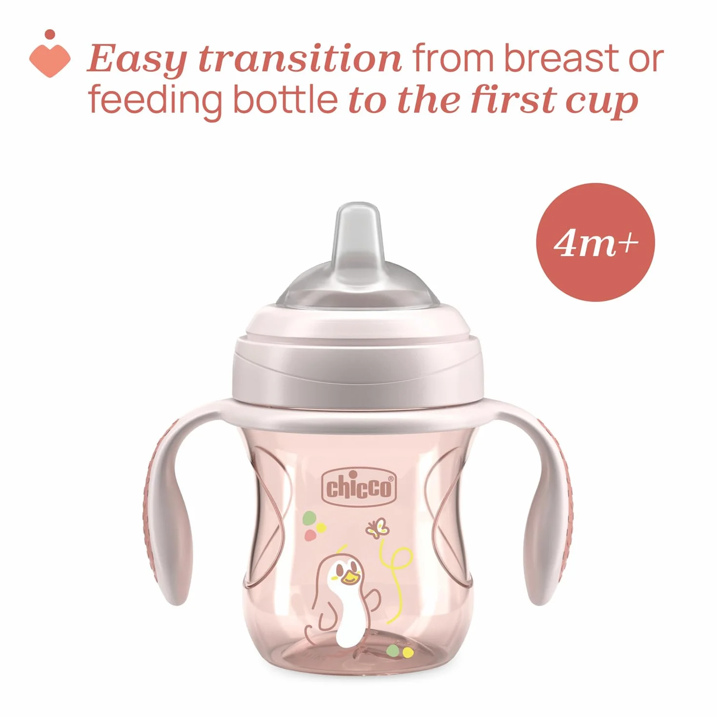 Chicco Coupe anti-goutte Transition Cup bébé 200ml 1 tasse biberon 4 mois bec ergonomique silicone double valve anti-antiolique sans BPA Rose