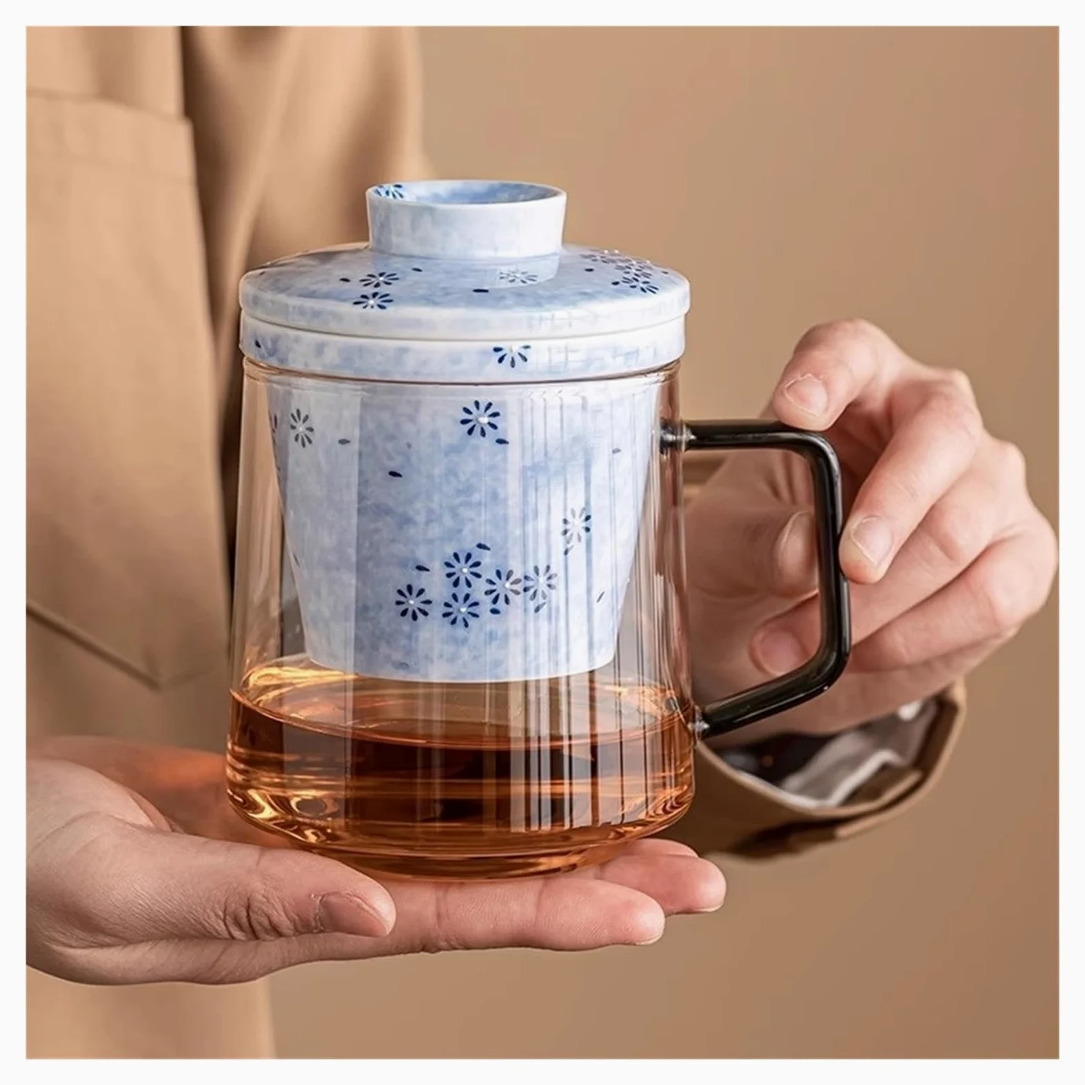 Tasses en verre Tasse à thé en verre avec infuseur et couvercle en céramique, 15,7 oz