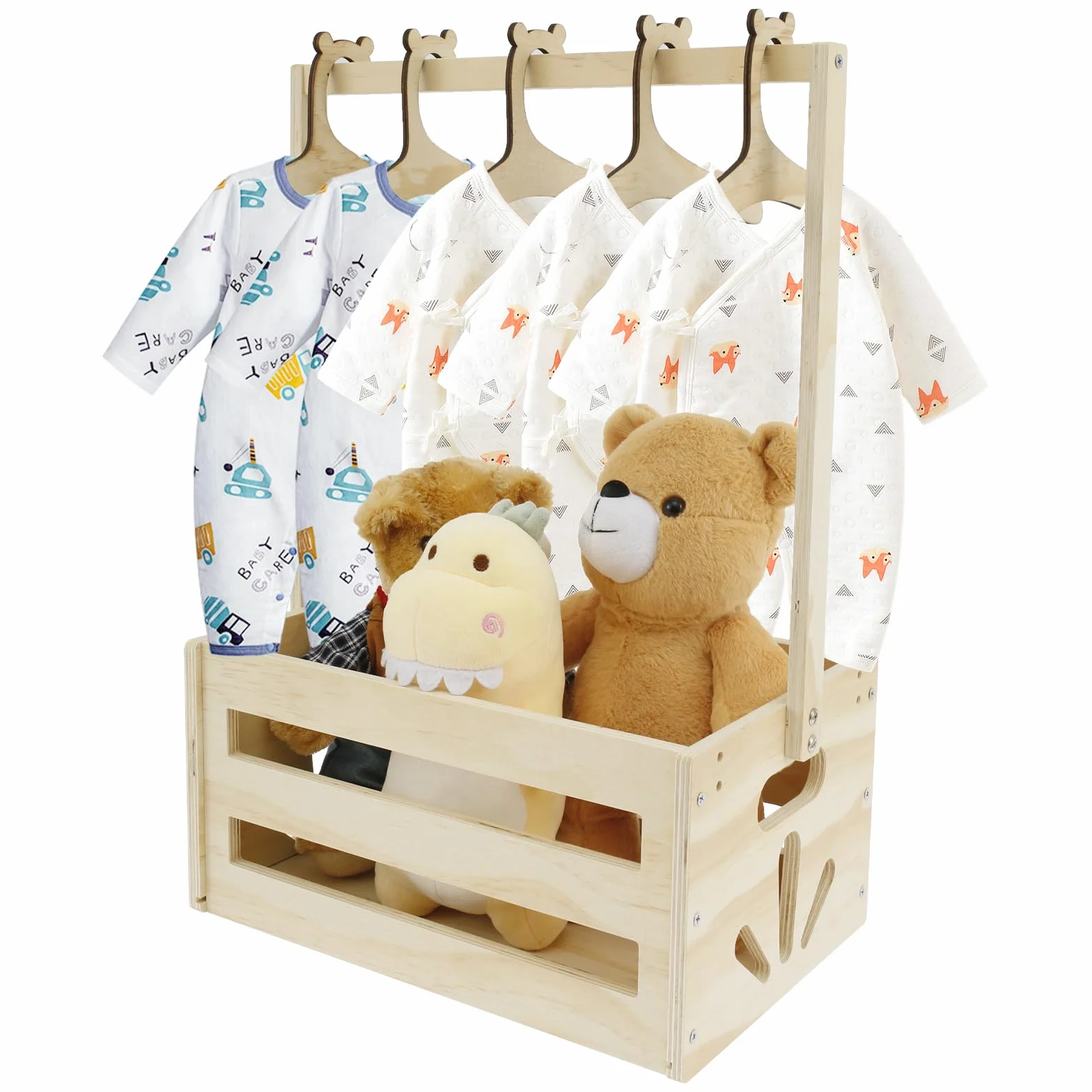 Boîte en bois pour bébé avec poignée et 5 cintres - Cadeau de grossesse (blanc)