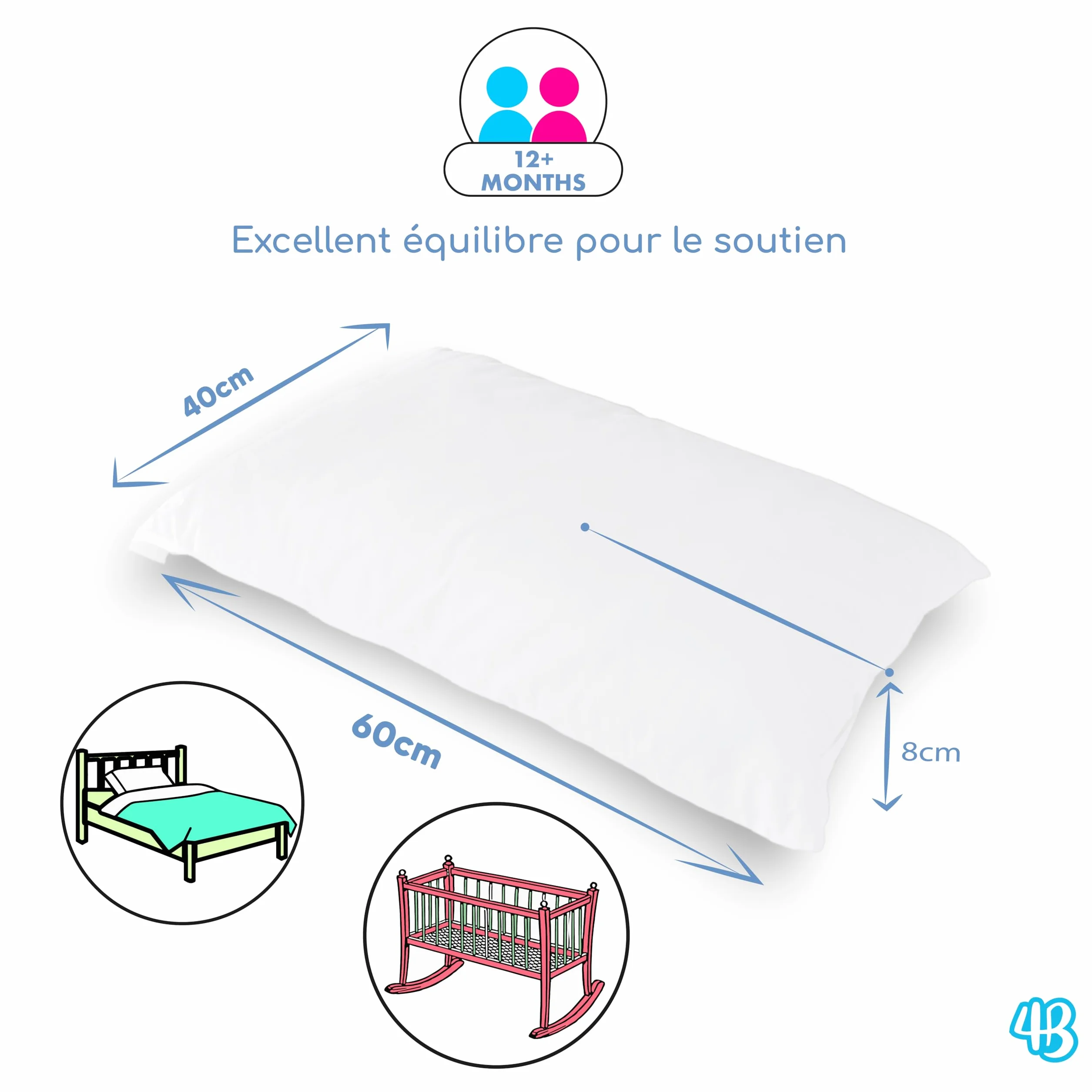 Oreiller Enfant 40x60 Coton 100% Italien Respirant Hypoallergénique Anti-acarien