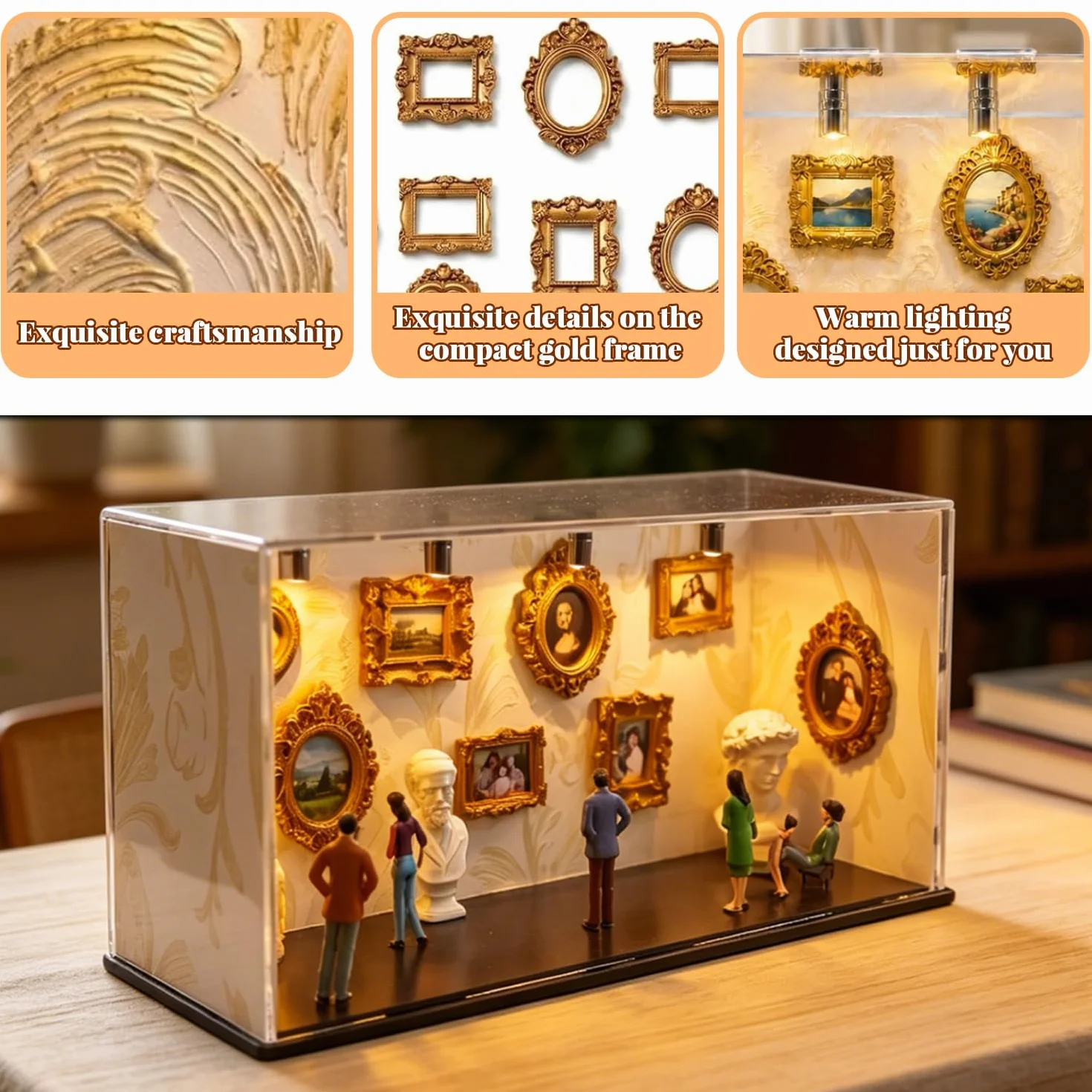Boîte d'ombres miniature à faire soi-même avec 6 figurines et 9 cadres dorés