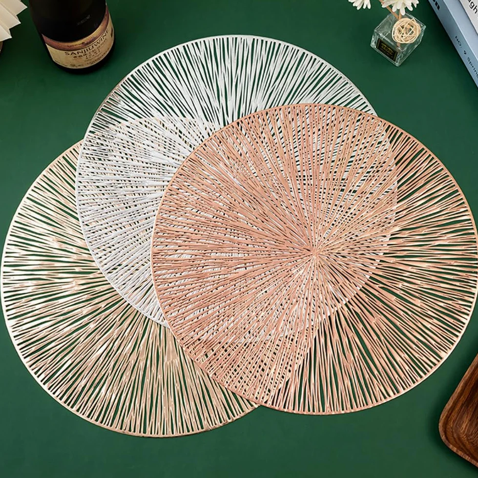 Creative Line Art Round Placemat - 38 Cm / 14,9 Pouces PVC Mat De Table Imperméable, Tapis À Manger Contemporain pour Cuisine, Restaurants,Or Rose,12pcs