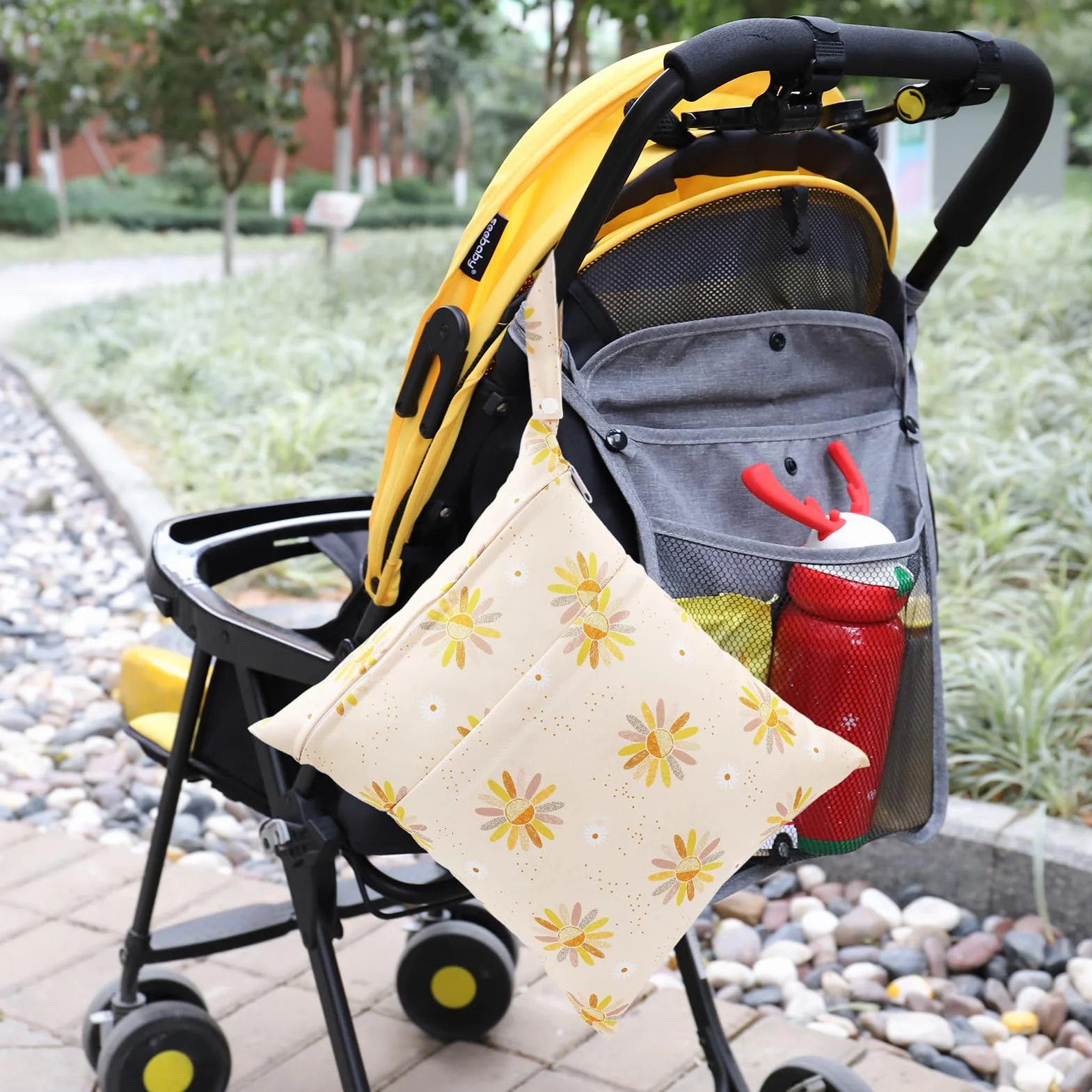 Sac Couches Lavables 3 Pcs Réutilisable Wetbag Sachet Etanche Organisateur de Couche Accrochable (Fleur Jaune)