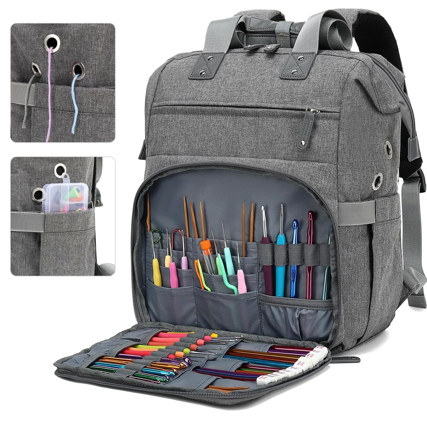 LTINVECK Sac à dos au crochet, sac à tricot, sac à dos de rangement pour fil de fer, sac de voyage avec port de charge USB, grand sac fourre-tout