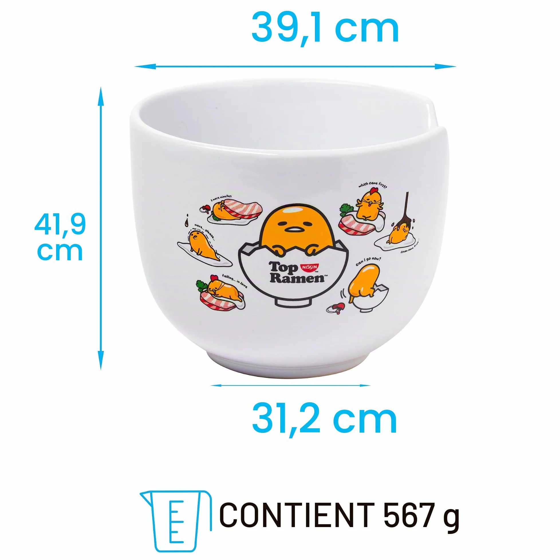Silver Buffalo Sanrio Gudetama Lazy Egg Poses Top Ramen Nissin Bol à riz en céramique avec baguettes Passe au micro-ondes 590 ml