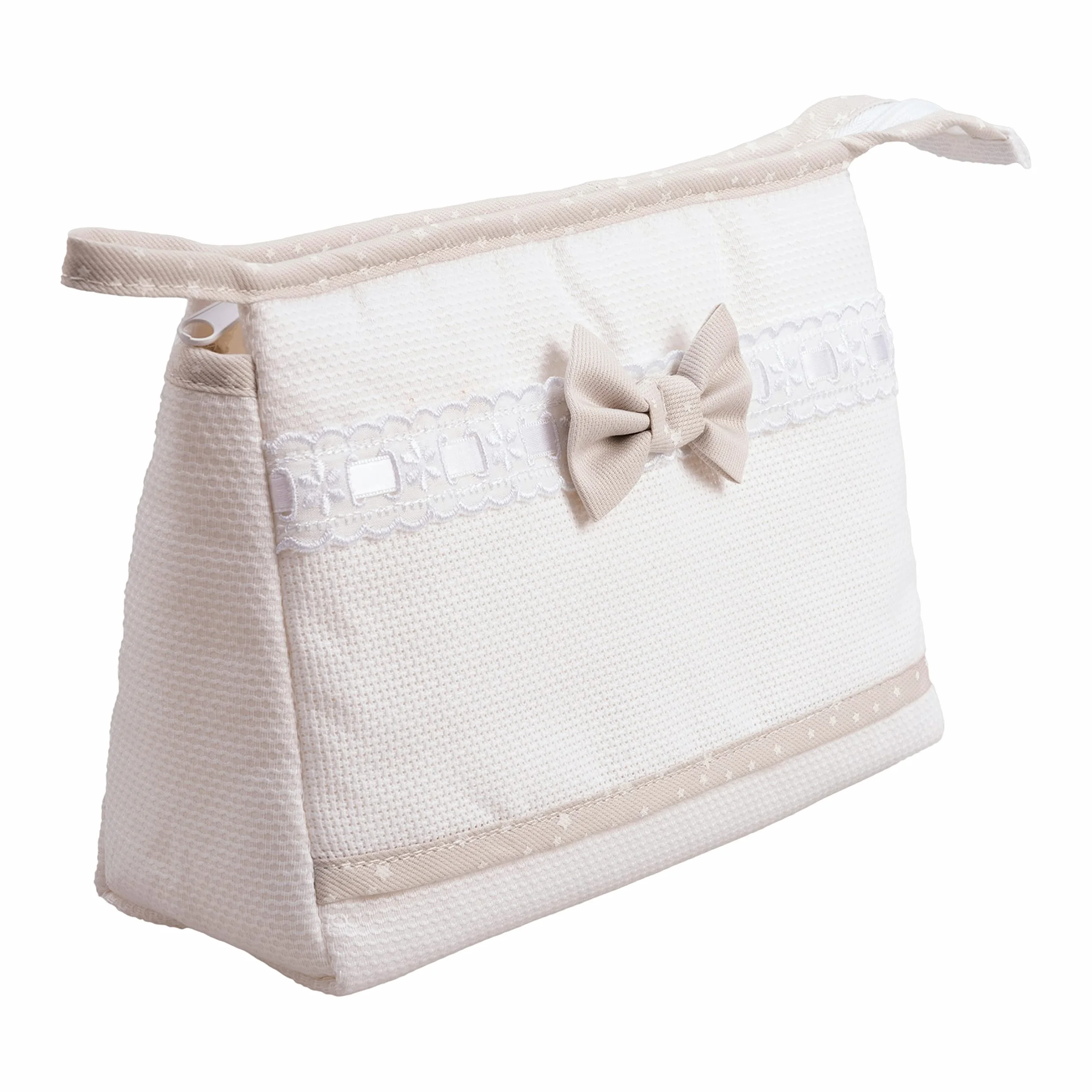 Trousse de Voyage avec Fermeture à Glissière, Organisateur de Produits de Beauté, Toile Aida à Broder, 24x16x6 cm, Blanc et Beige, Made in Italy