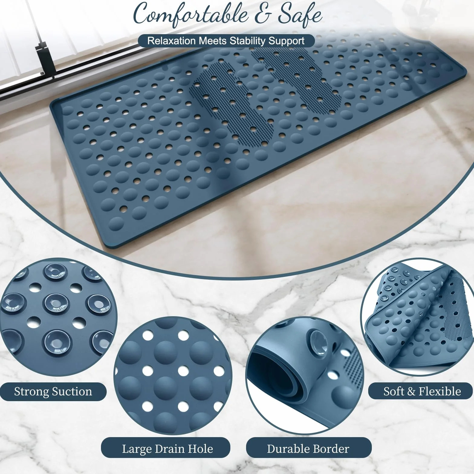 Tapis Baignoire Antidérapant 90 x 40 cm Lavable en Machine Bleu Profond