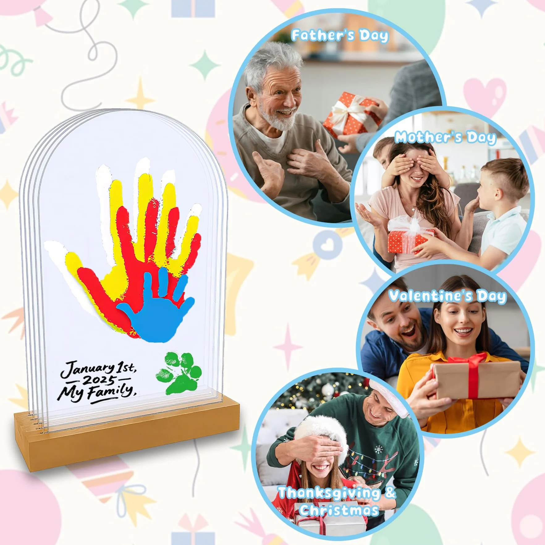 Kit d'empreintes de Mains et Pied Bébé 5 Panneaux Plexiglas Base Bois Souvenir DIY