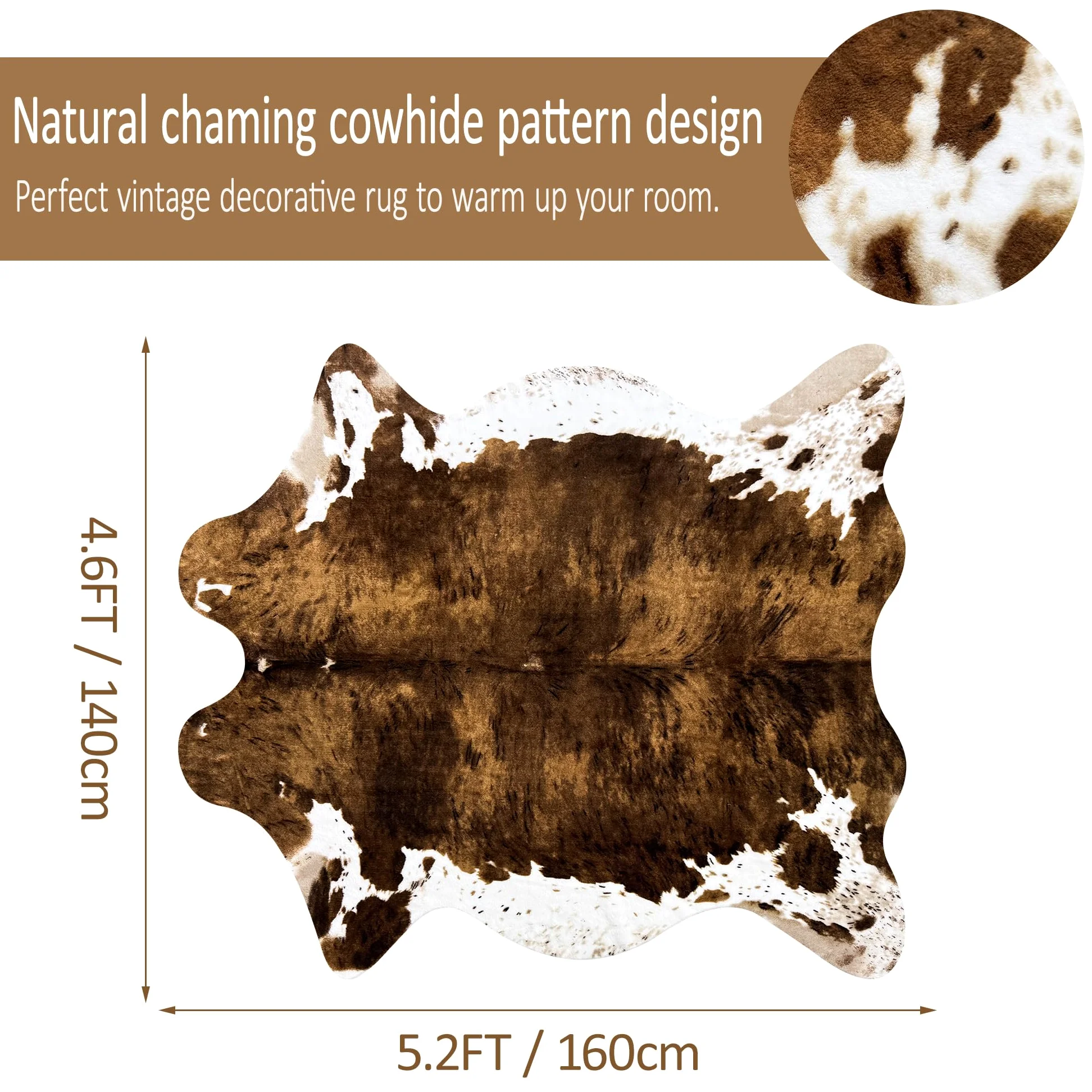 Grand tapis en cuir de vache synthétique pour chambre à coucher, salon, chambre d'enfant, bureau, table, décoration murale, marron, 1,4 x 1,6 m