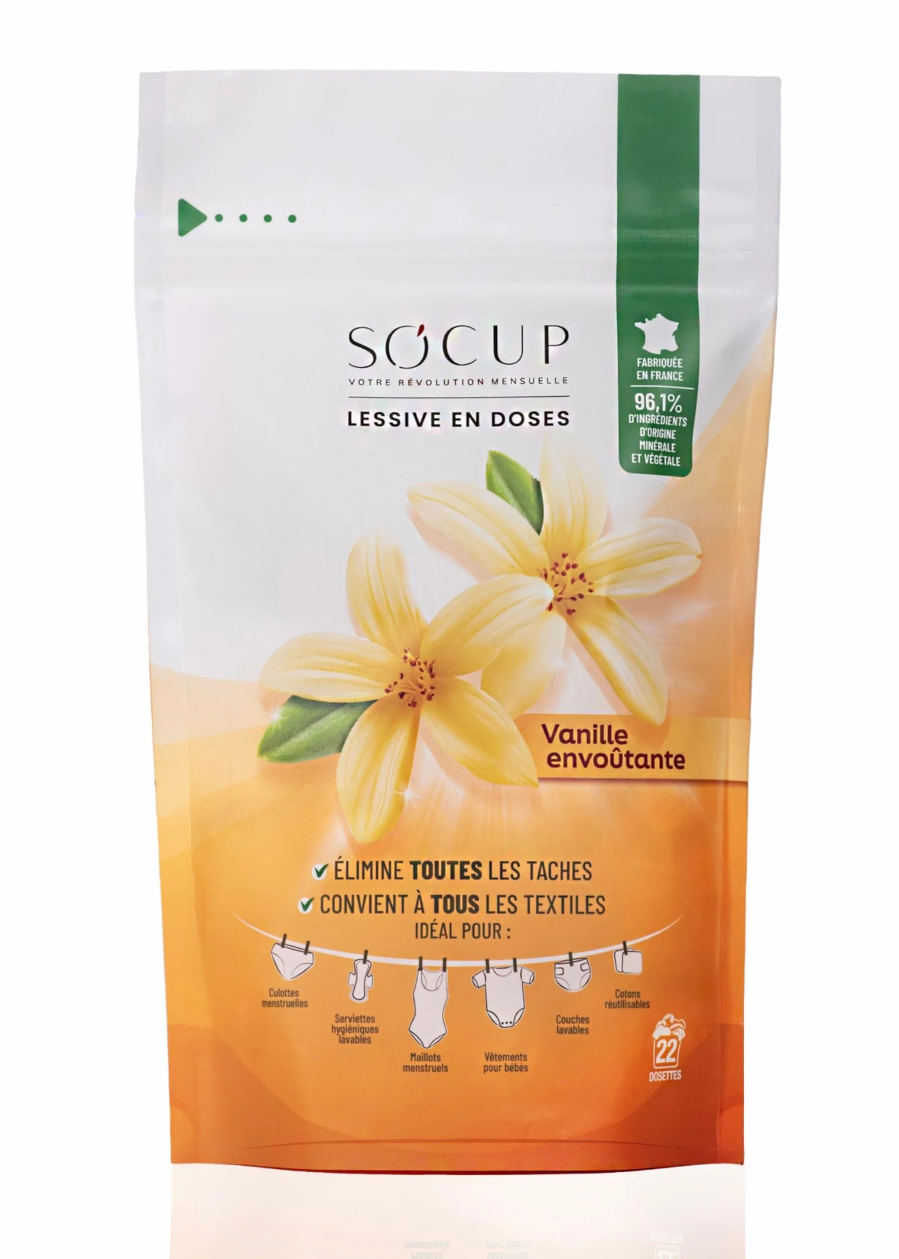 Lessive en Doses pour Culottes Menstruelles, Maillot de Bain Menstruel, Serviettes Hygiéniques et Couches Lavables Vanille Envoûtante 96% d'origine minérale et végétale