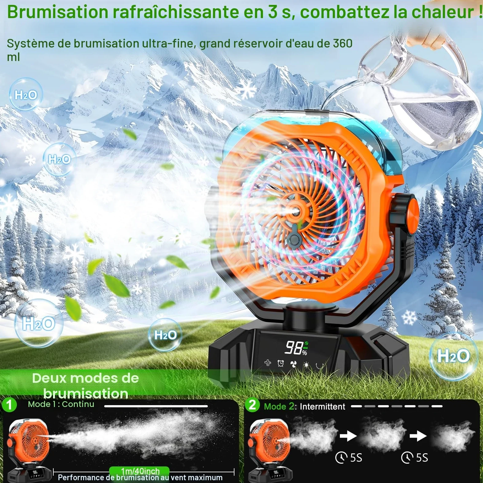 Multper 20000mAh Ventilateur Brumisateur Portable, Ventilateur Portable Rechargeable avec Réservoir d'Eau 360ML, LED, Télécommande, 5 Vitesses, Ventilateur USB Silencieux pour Camping, Bureau, Maison