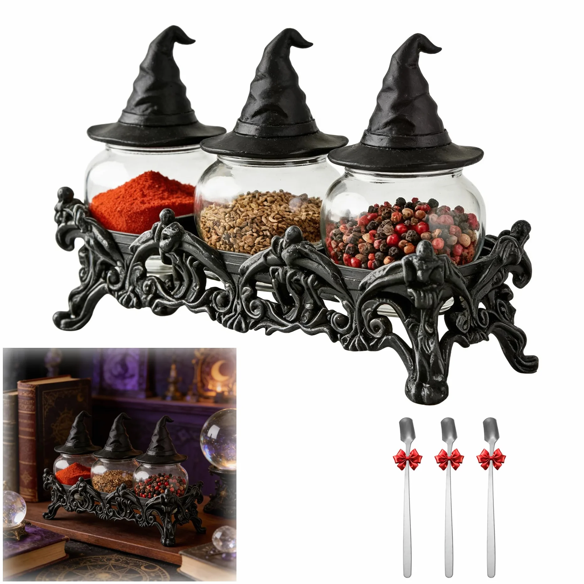 Chapeau de sorcière bocal d'épices hibou avec support résine Gothique couvercles Décoration maison (3pcs)