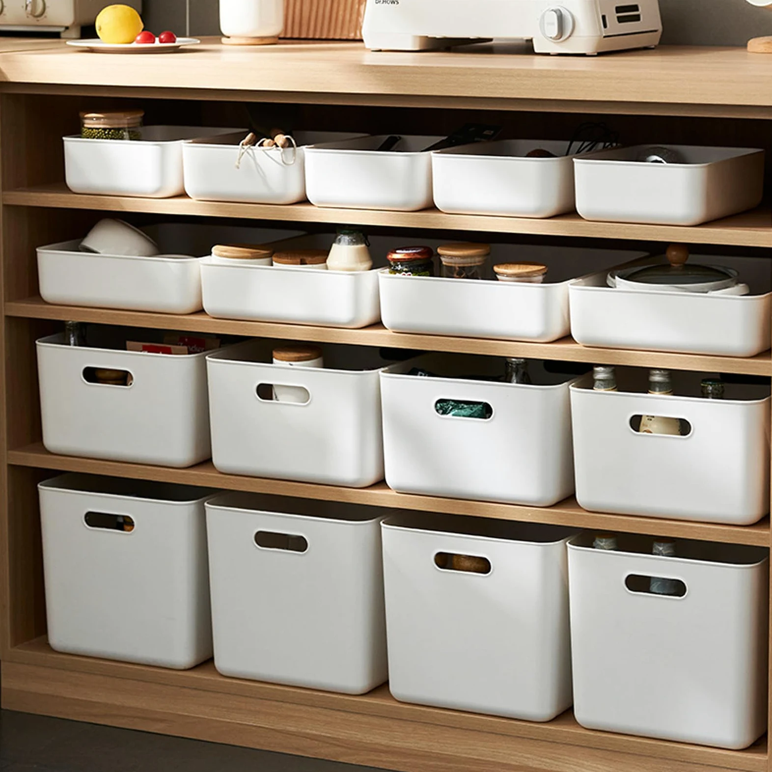 Lot de 8 boîtes de rangement avec 4 couvercles, panier rangement plastique | rangement avec poignées, boîtes de rangement multifonctionnelles pour cuisine, bureau, placard, salle de bain, jouets