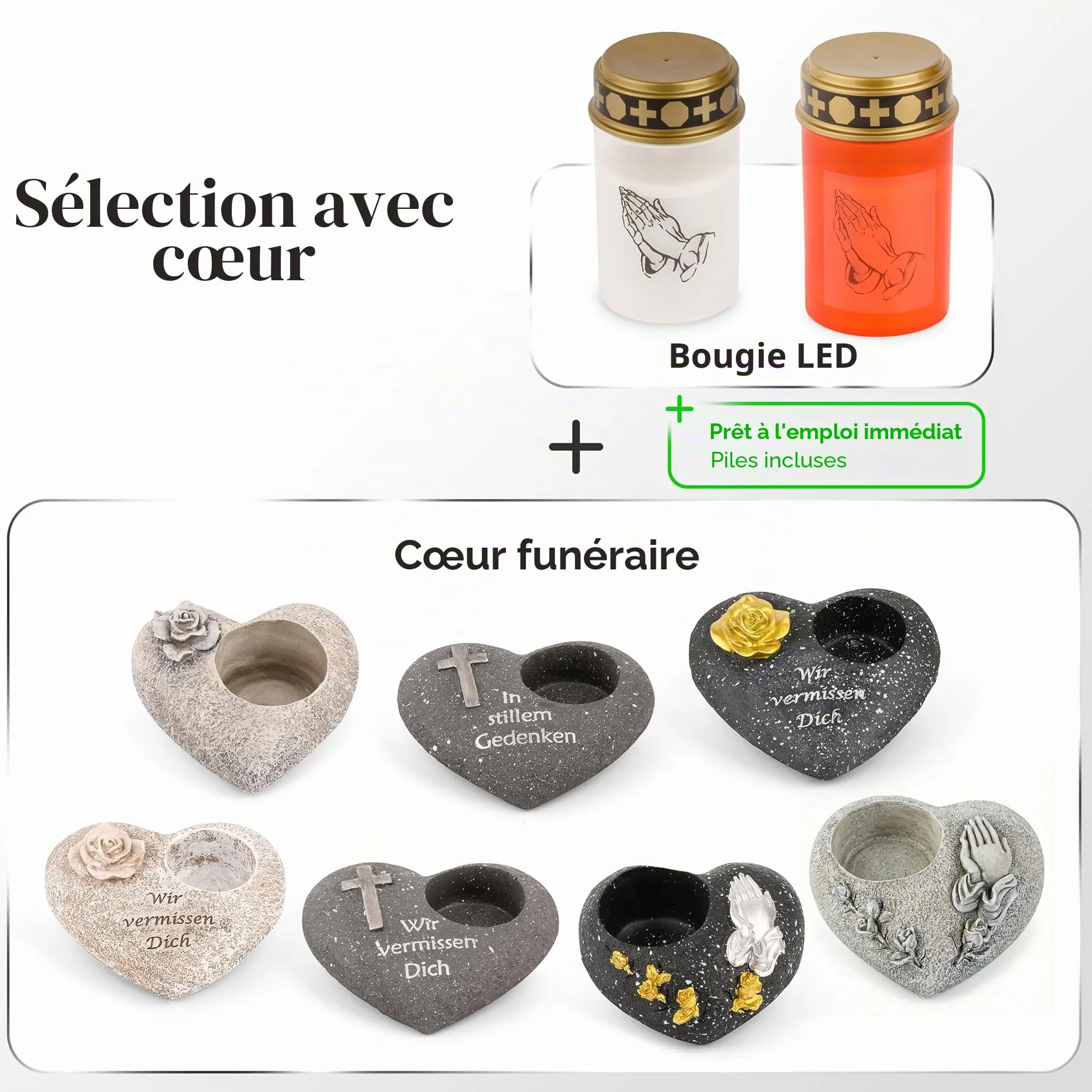 Décoration funéraire en forme de cœur rose grise pierre commémorative photophore
