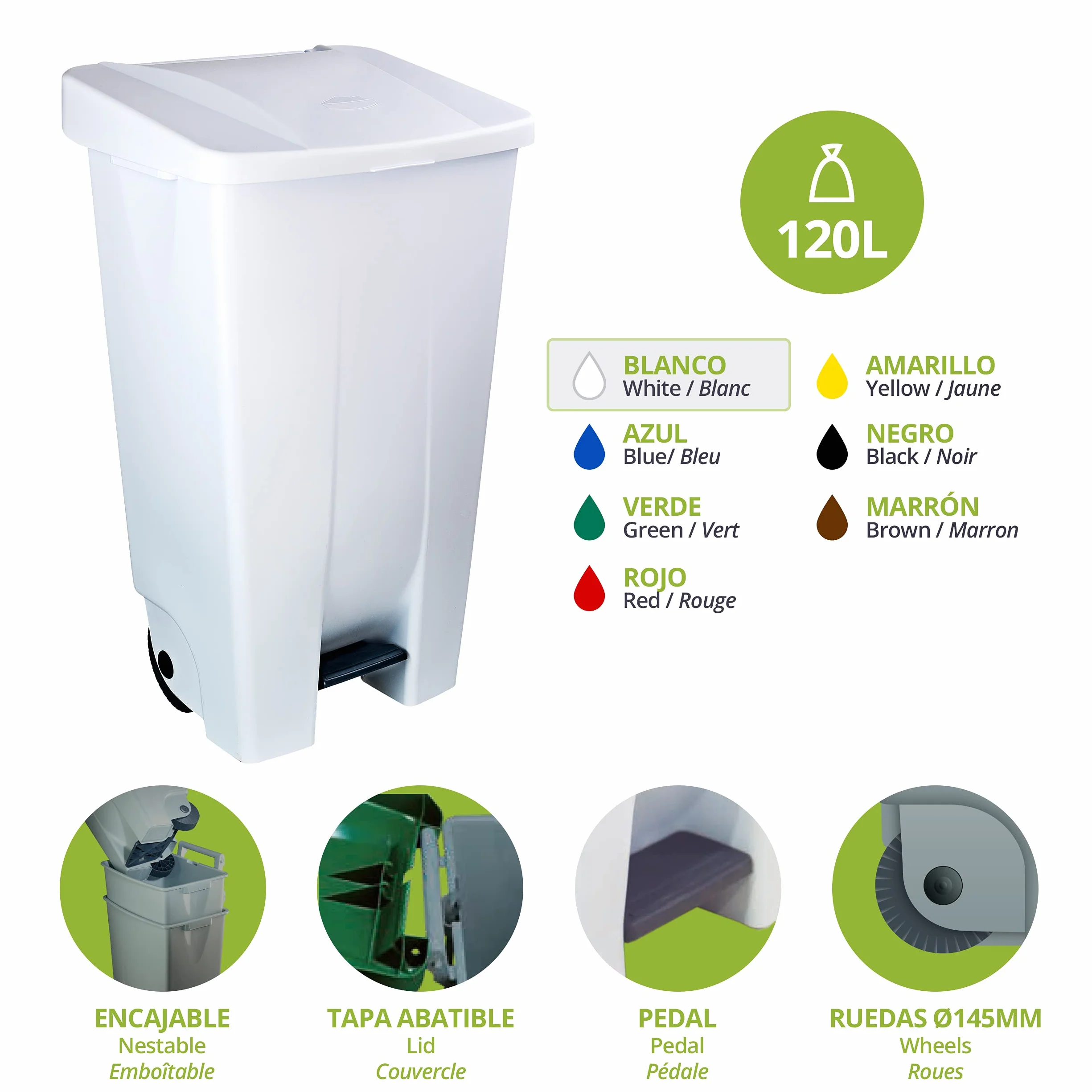 Denox Conteneur sélectif à pédale 120 L Blanc poubelle avec roues poignée ergonomique plastique alimentaire