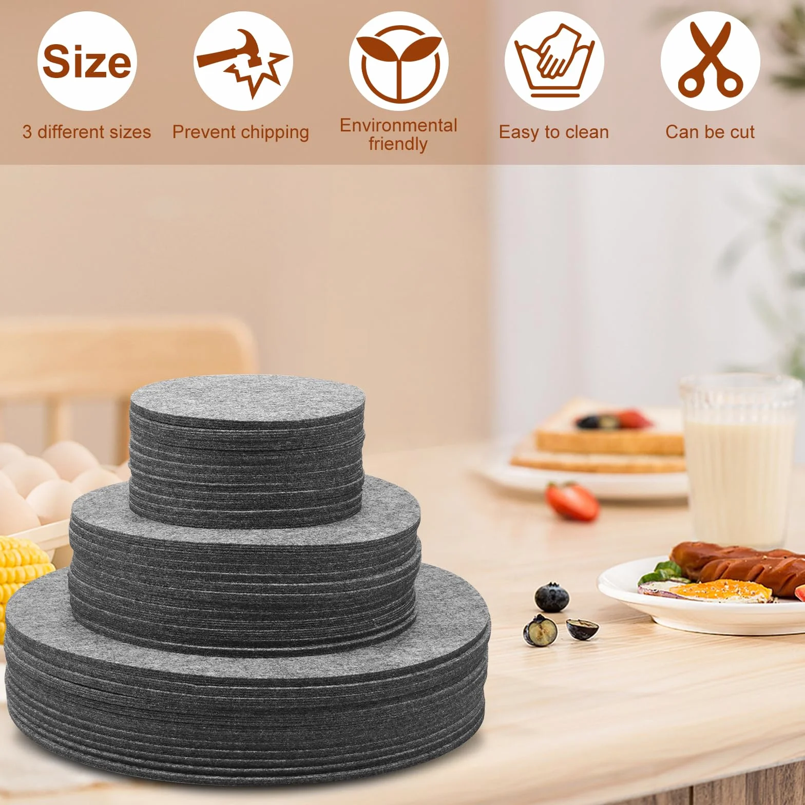 Séparateurs de plats en feutre 144 pièces 3 tailles 12,7 cm 19,1 cm 26,7 cm Protège-poêles lavable empilable