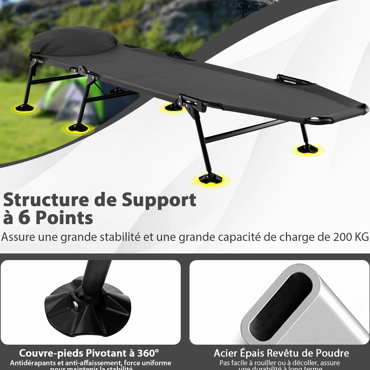 COSTWAY Lit de Camp Pliable 1 Personne, Lit Camping Pliant Portable Léger à Dossier Réglable 6 Positions, Lit de Camp Extérieur Intérieur Inclinable pour Bureau Maison Voyage, Charge 200 KG, Gris