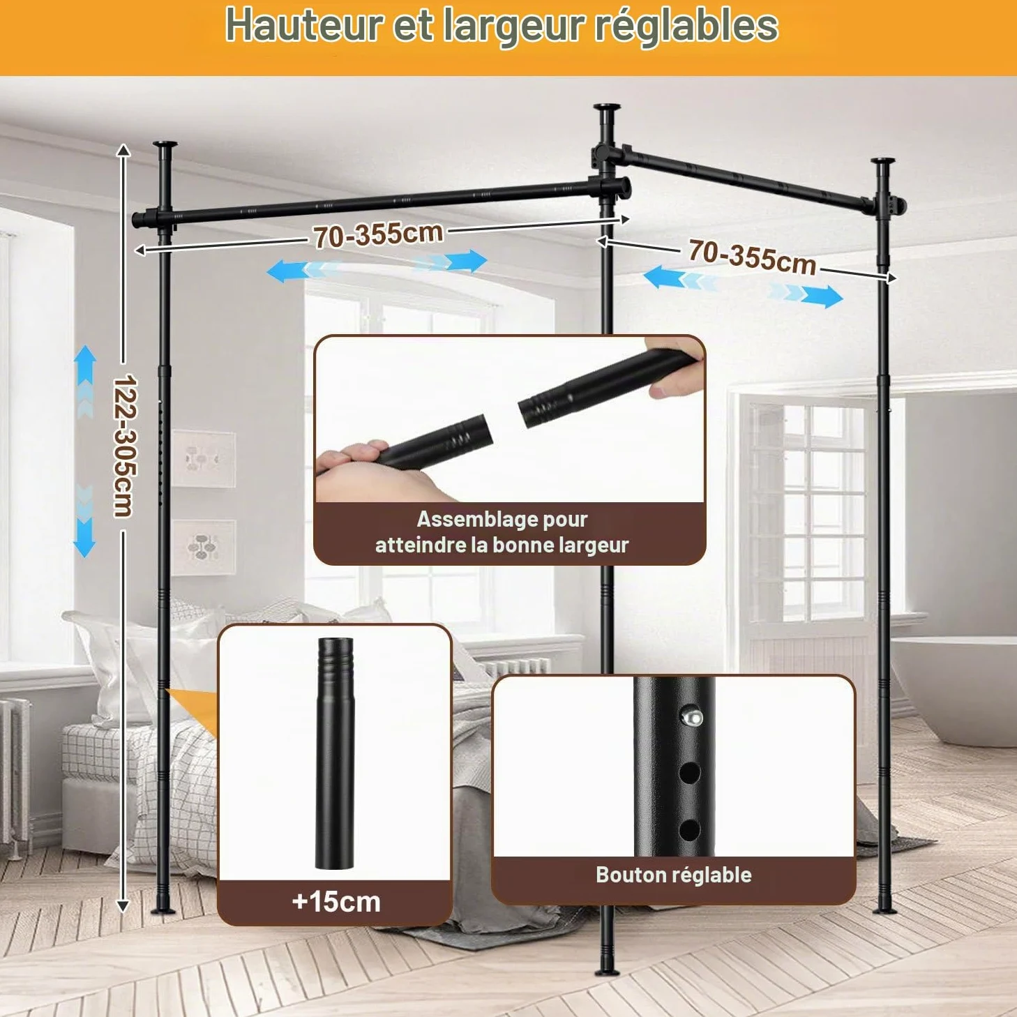 Séparateur de pièce sans perçage, réglable en hauteur (122-320 cm) et largeur (70-355 cm), tringle à rideau, brise-vue pour salon, chambre à coucher, métal, instructions en allemand/blanc