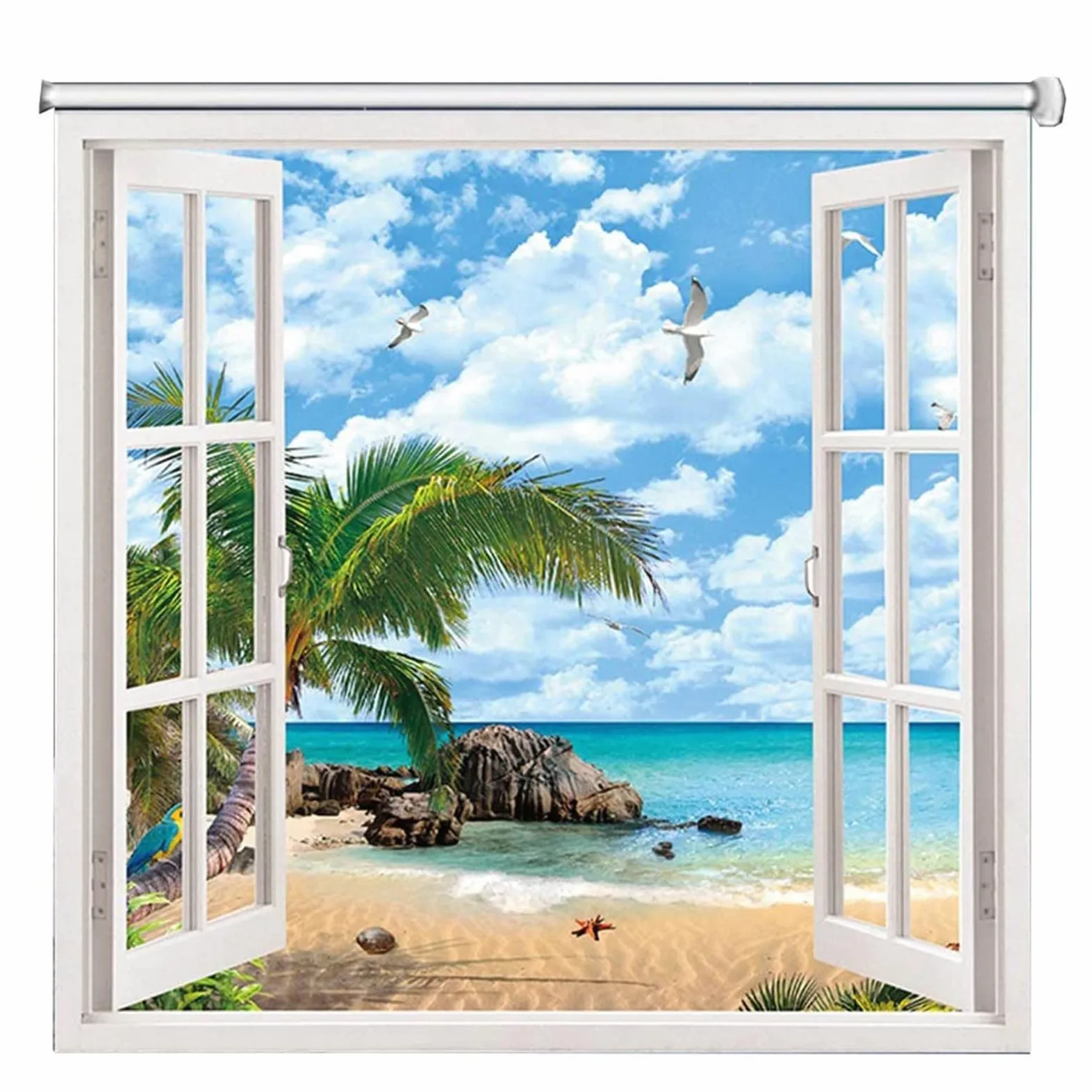 Store enrouleur occultant en tissu à isolation thermique 3D pour salle de bain, chambre à coucher, salon, cuisine et bureau - Motif vue sur la mer