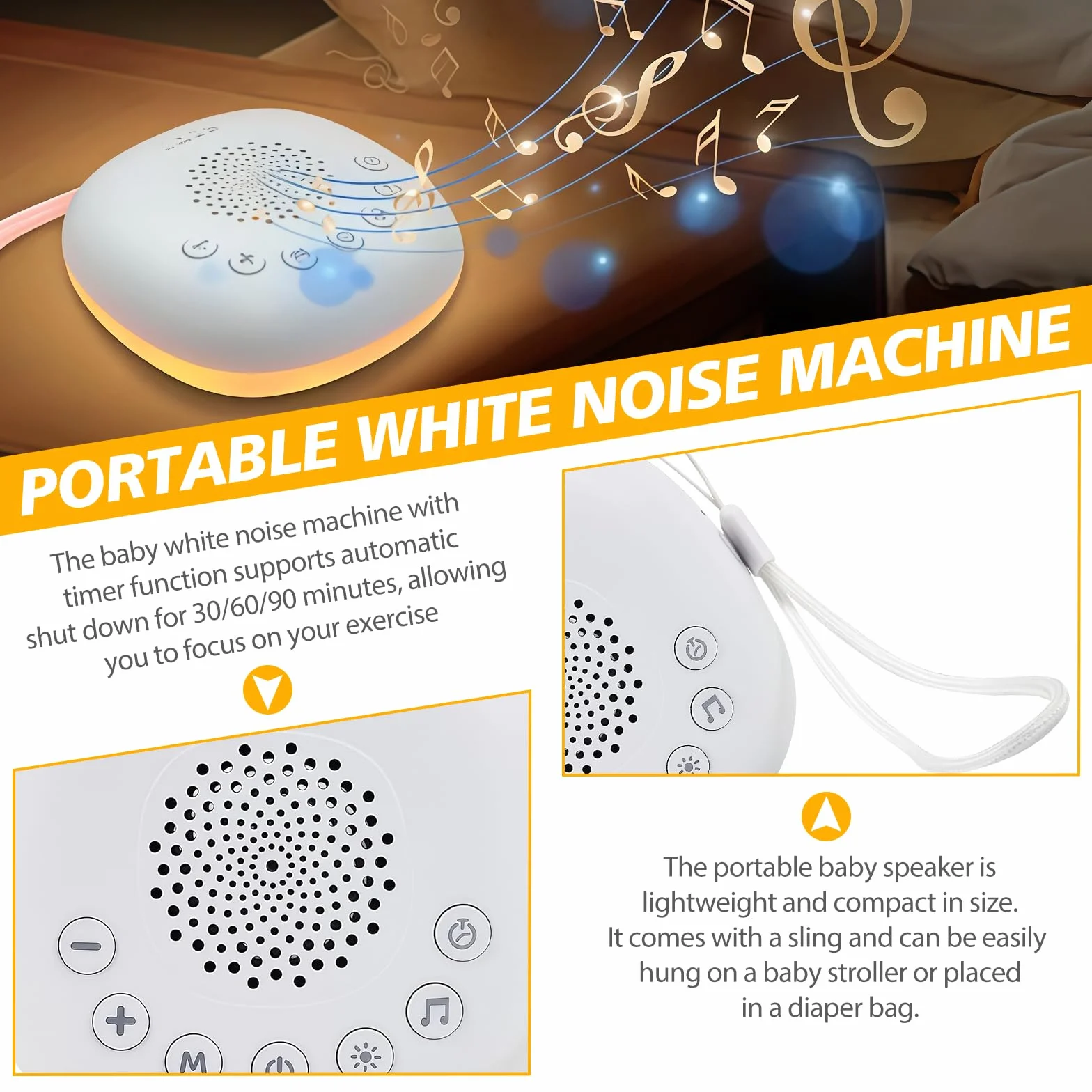 Machine à bruit blanc portable pour bébé avec veilleuse, 20 sons apaisants, rechargeable USB