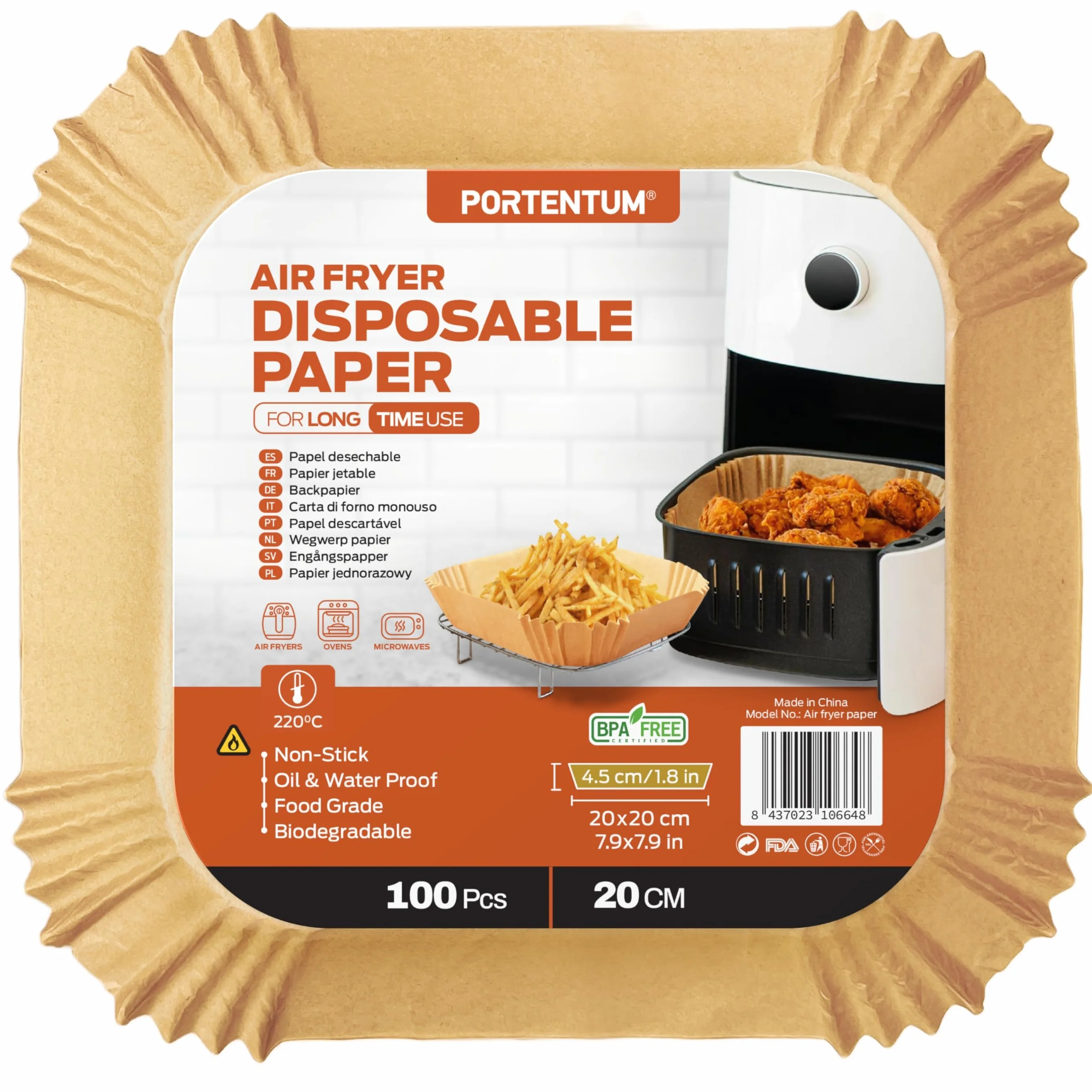 PORTENTUM Papier cuisson air fryer 100 pièces Food-Grade sans BPA 20×24 cm adapté friteuses 5–8 L