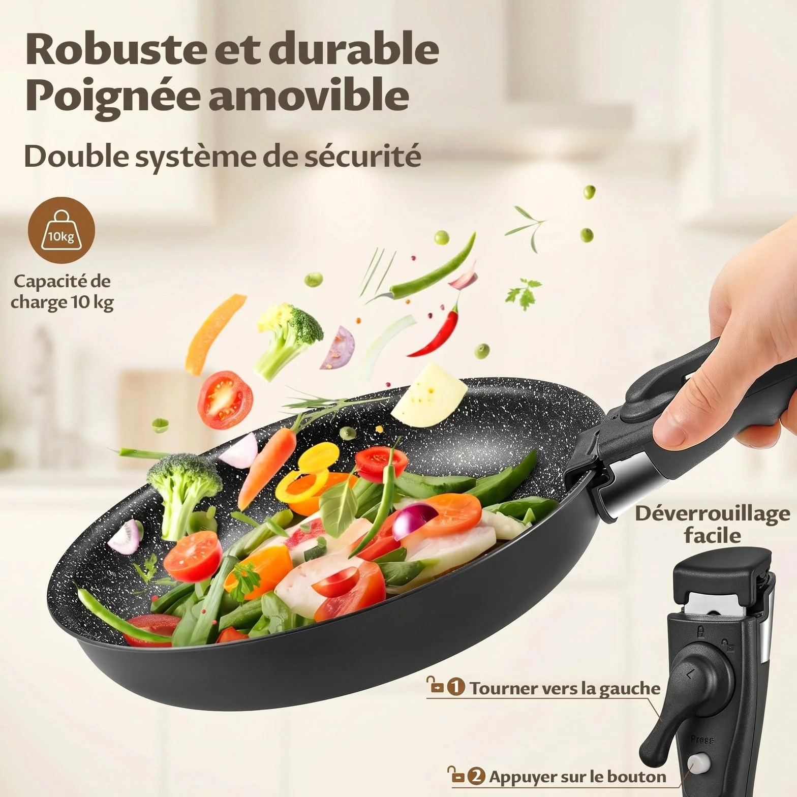 Lot de 3 Poêles avec Poignée Amovible 20/24/28 cm Anti-adhésif Induction Tous Feux Empilables