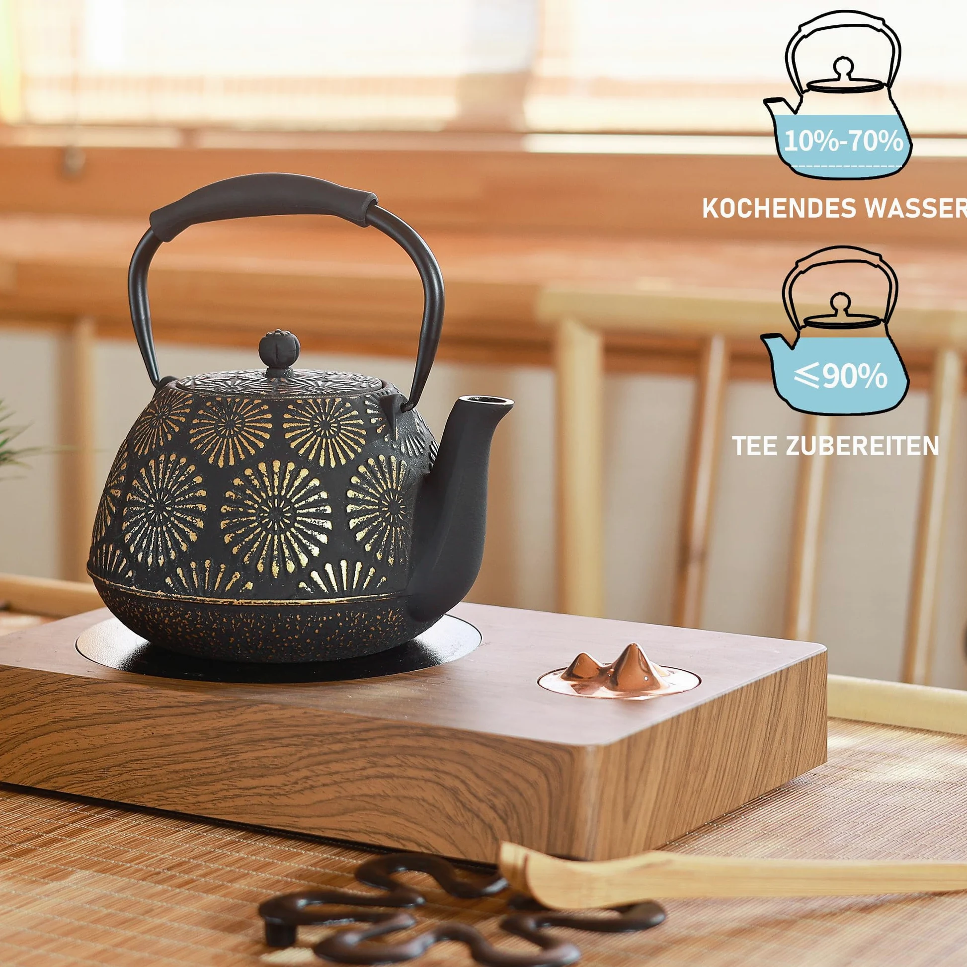 Théière en fonte avec infuseur pour plaque de cuisson, théière japonaise Sakura pour thé et café, revêtement intérieur émaillé, poignée en silicone, 1200 ml, noire