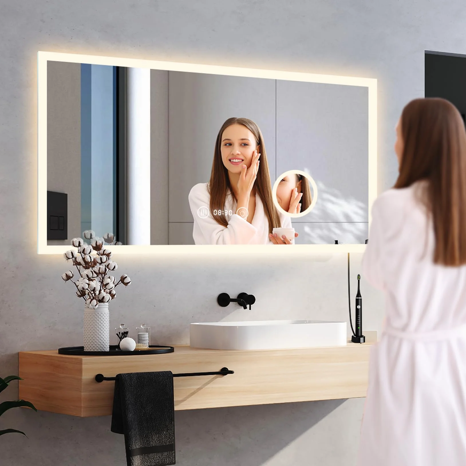 Miroir de Salle de Bain LED YOLEO avec Horloge, Température, Grossissement 3X, antibuée, 3 Couleurs de Lumière, 100 x 60 cm