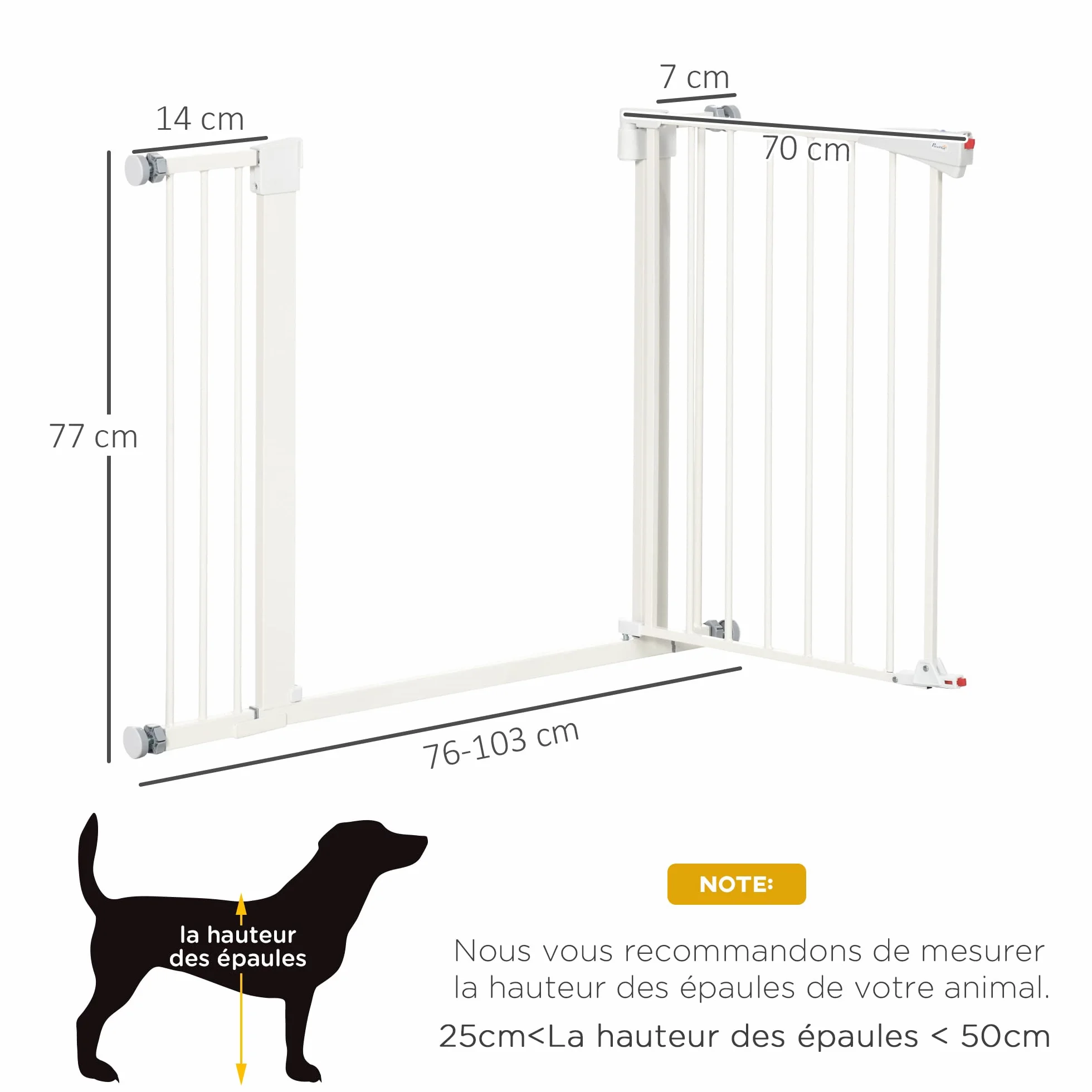 PawHut Barrière de sécurité pour Chien Extensible 76-103 cm, Hauteur 77 cm, sans perçage, Double Verrouillage, Blanc