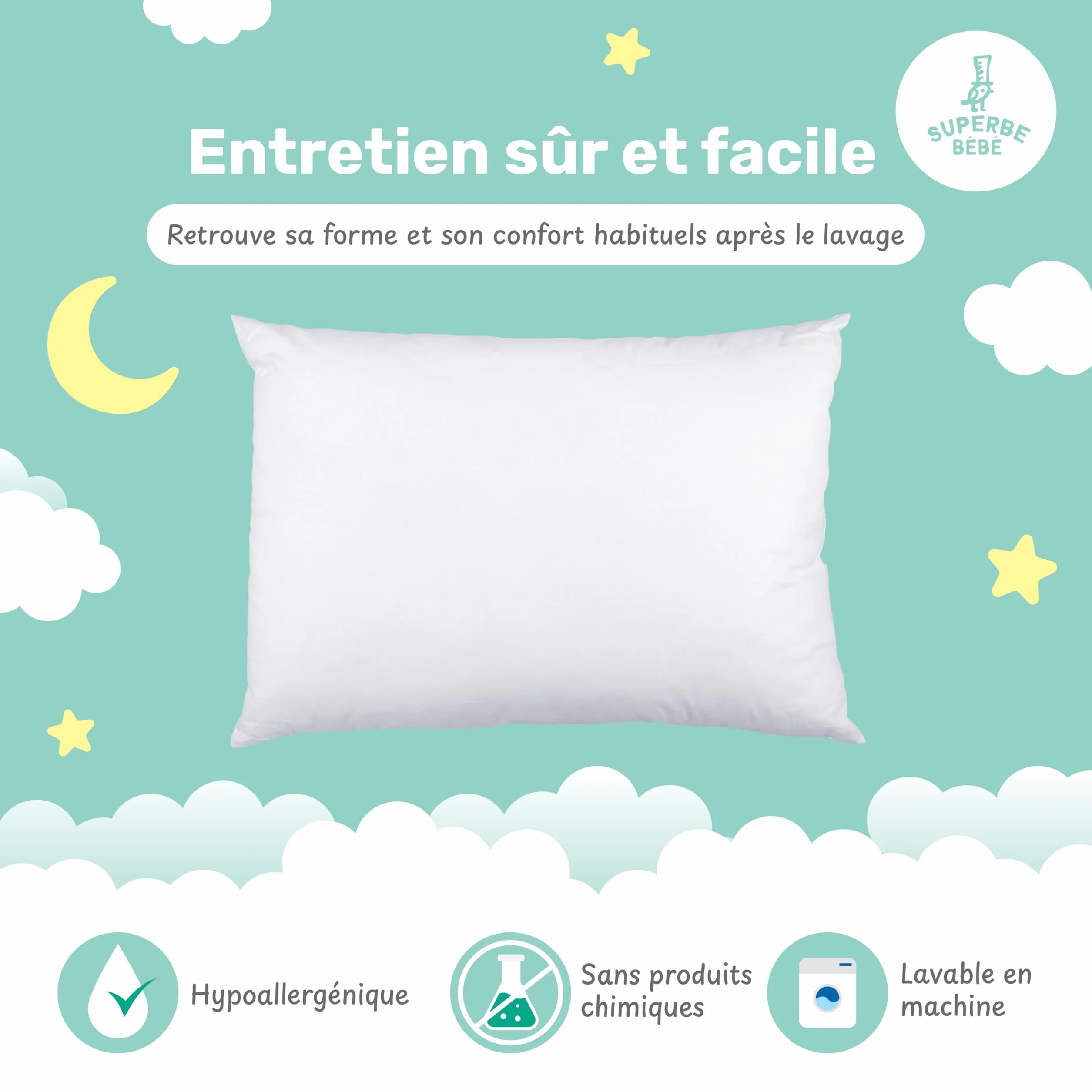 Oreiller Enfant 40x60 cm Coton Oeko-TEX Coussin Bebe Hypoallergénique Lavable en Machine