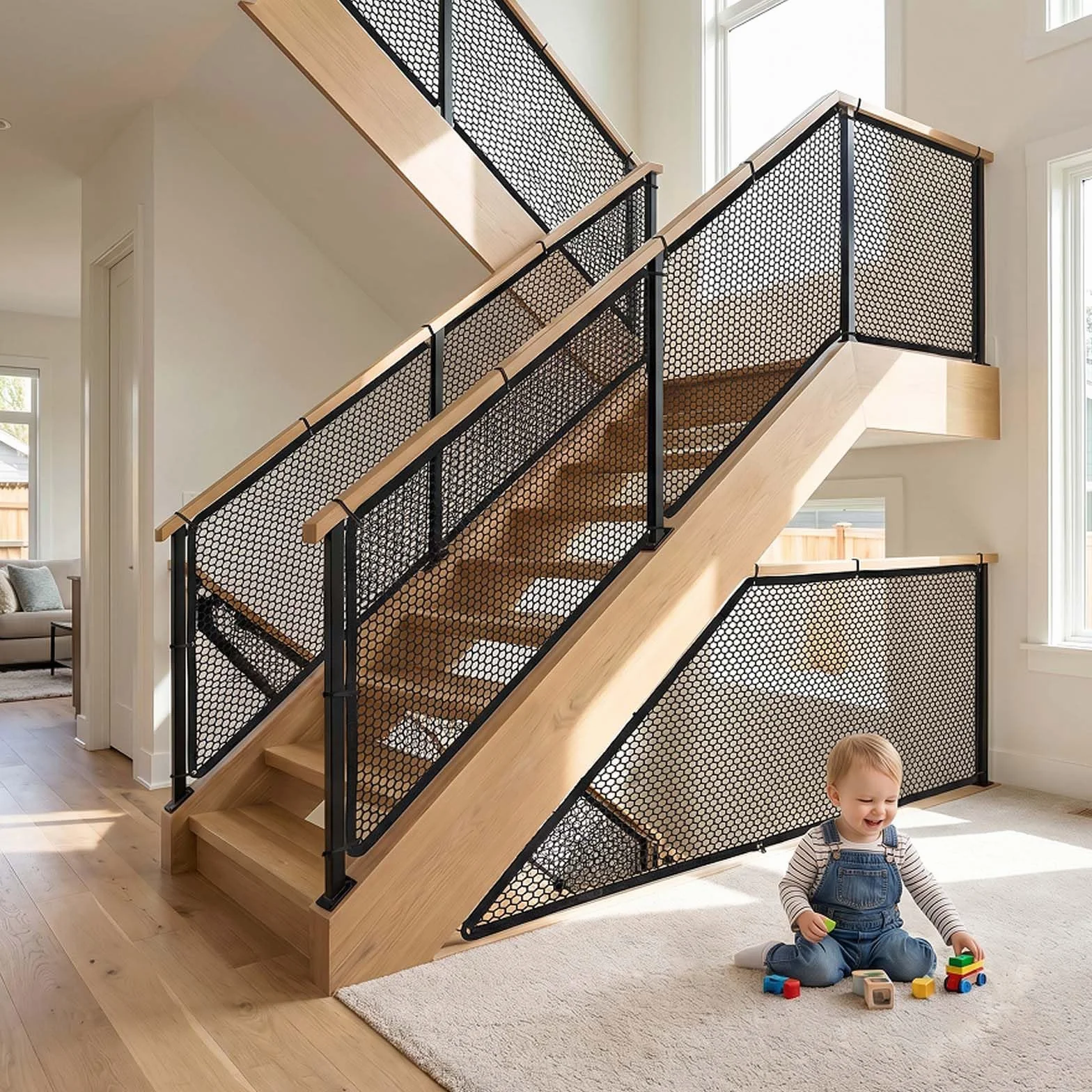 Filet Sécurité Escalier Enfant 300x78 cm, Filet Protection Balcon avec 15 Sangles 25 Cordes Nylon, Découpable Noir