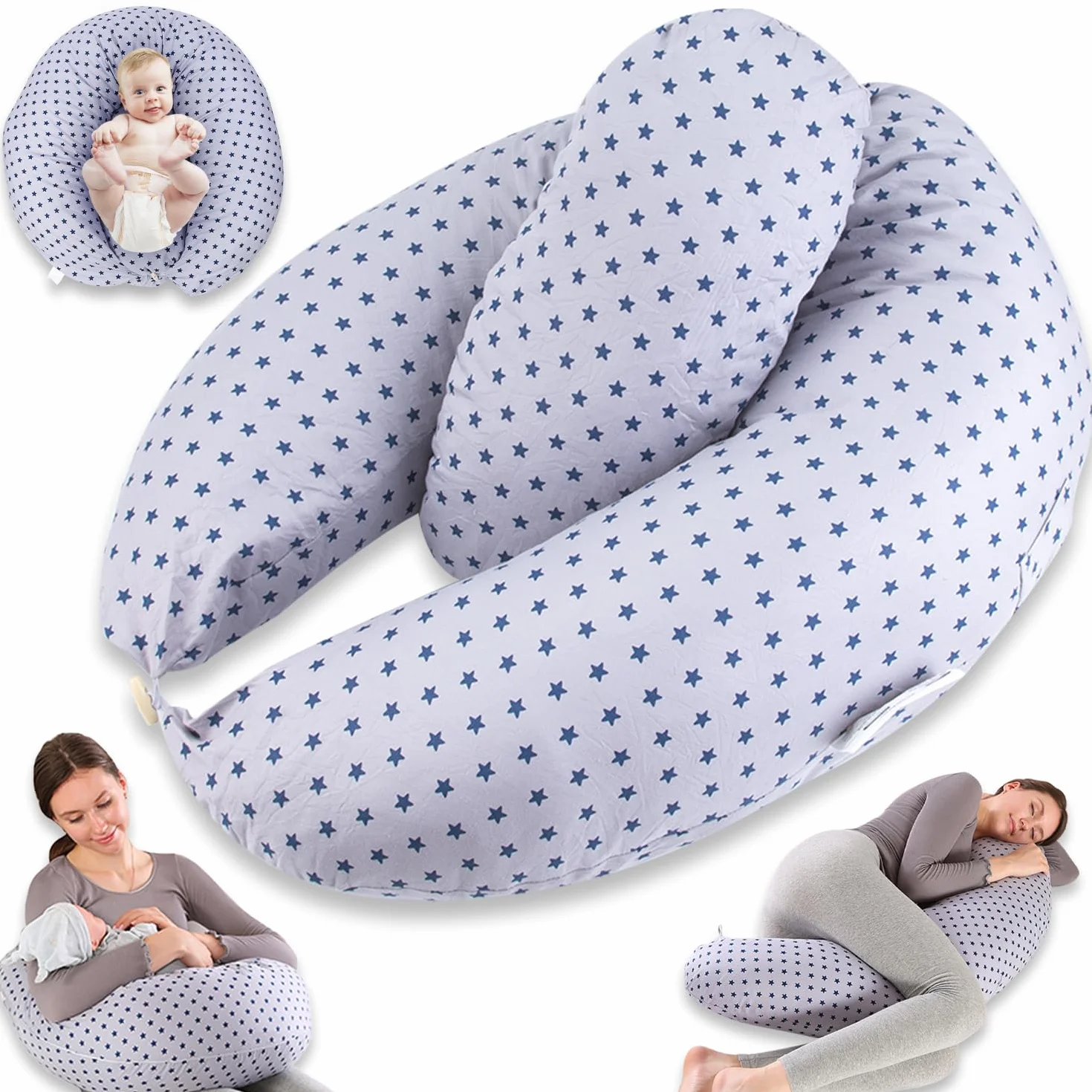 Coussin Allaitement 2 en 1 XXL Grossesse avec Housse Coton Bleu