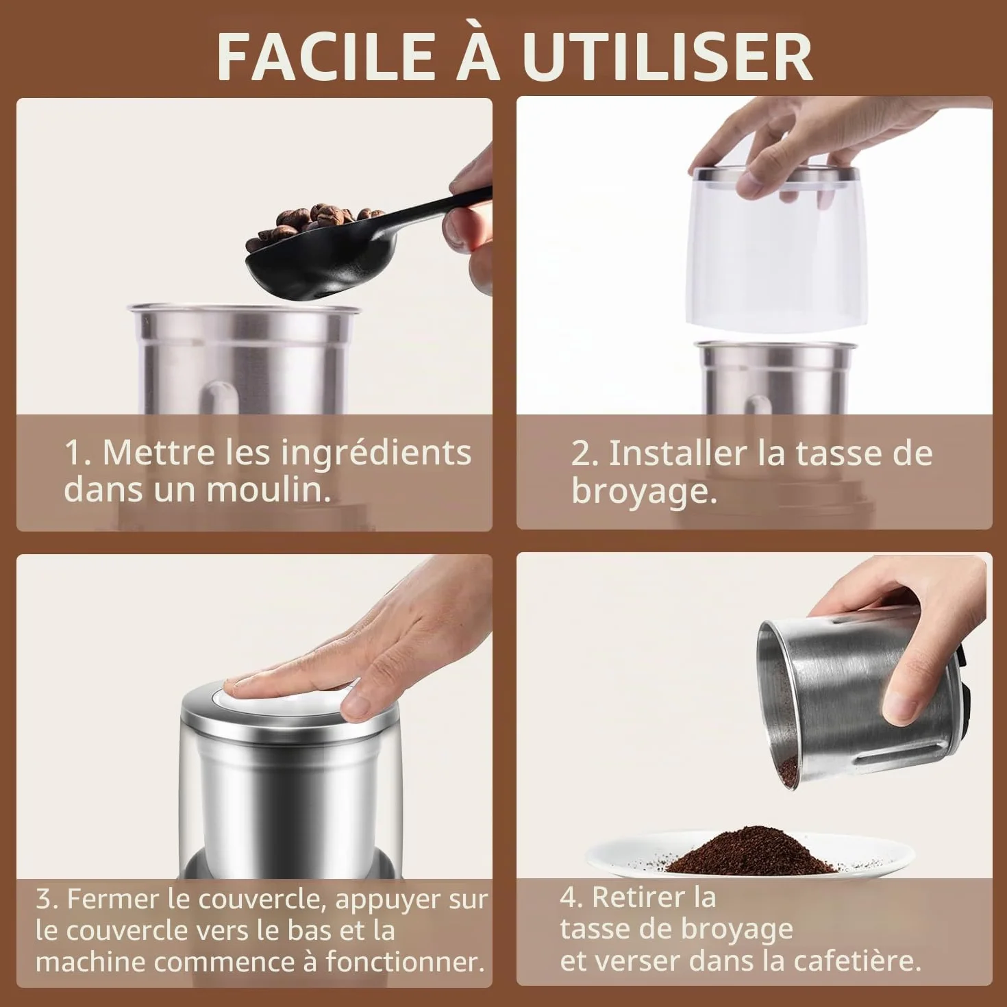 Moulin à épices électrique 300 W 100 g acier inoxydable récipient amovible