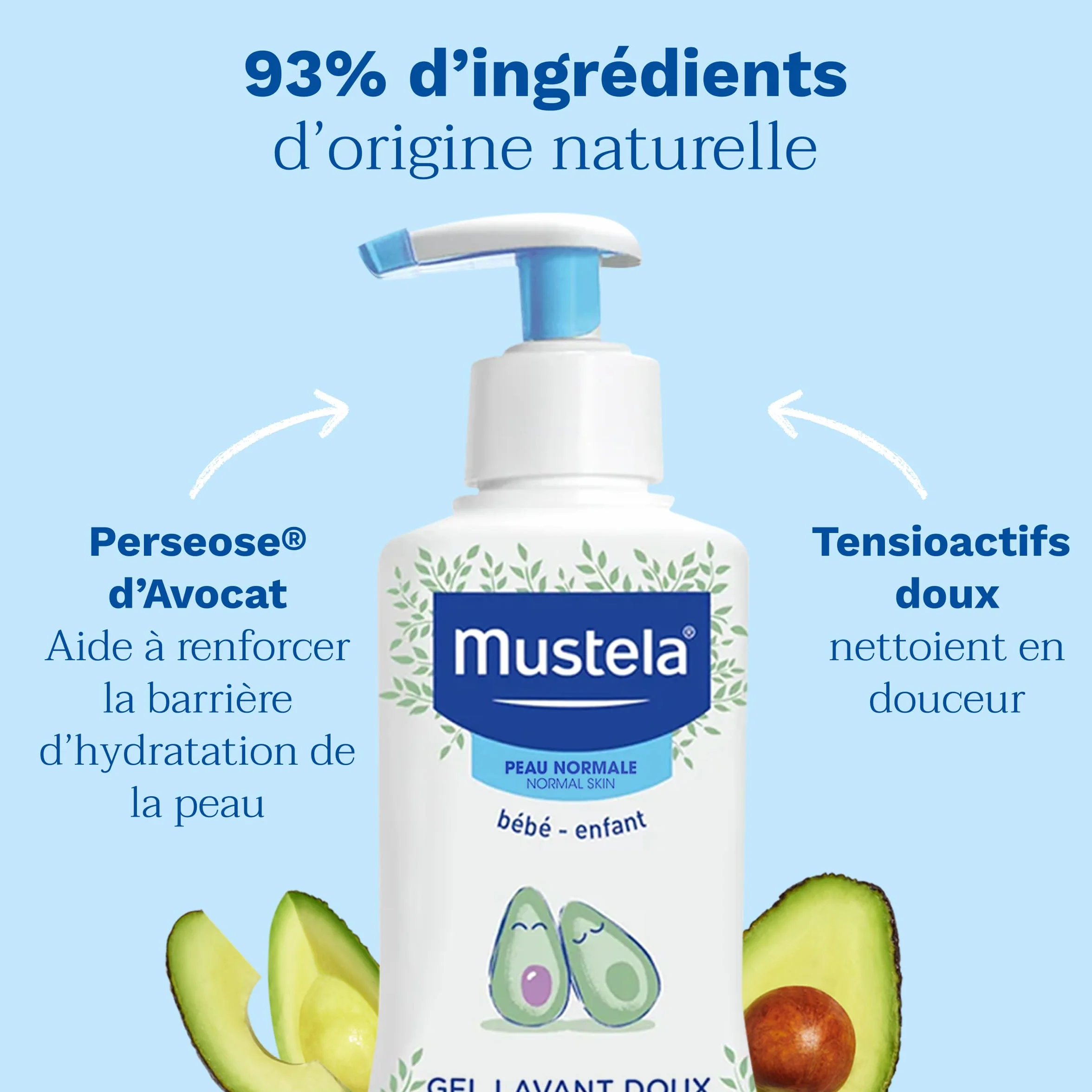 Mustela Gel Lavant Bébé Doux à l'Avocat BIO pour Corps et Cheveux 93% Ingrédients d'Origine Naturelle Peau Normale