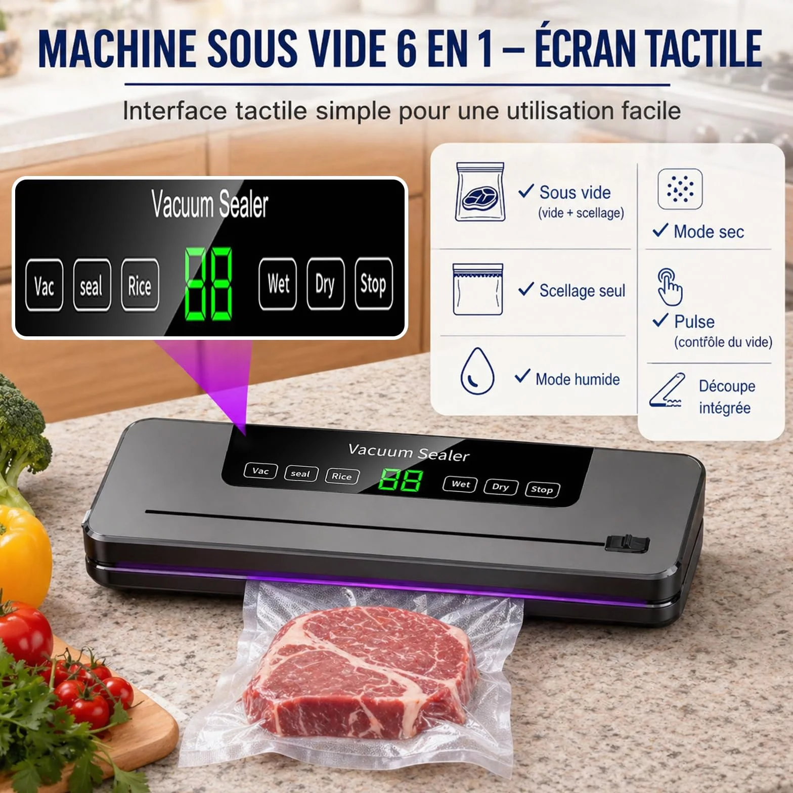 Machine Sous Vide Alimentaire 5 en 1 avec 50 Sacs, Mode Humide et Sec