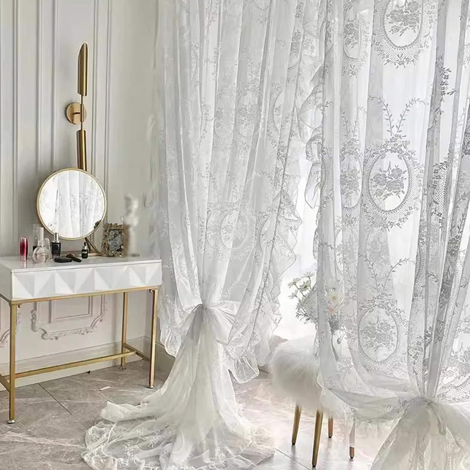 Rideaux en Dentelle Brodée de Fleurs de Style Romantique Français, Long Traitement de Fenêtre Vintage Shabby Chic avec Bord à Volants Festonnés, pour Balcon de Jardin, 1 Panneau