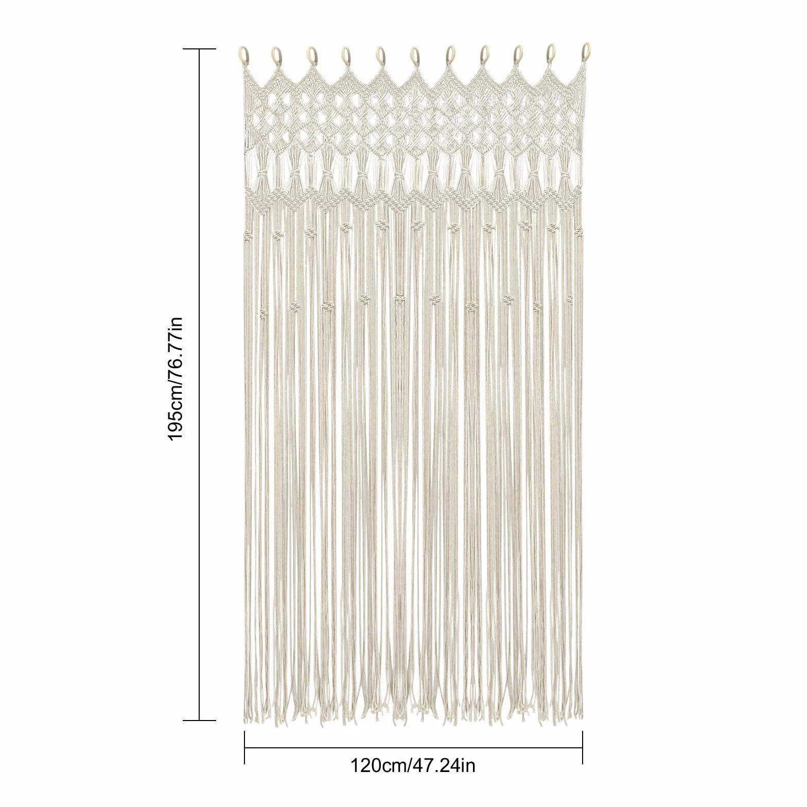 Rideau de porte en macramé - 120 x 195 cm - Fait à la main - Style bohème - Grand rideau tissé à la main - Avec anneau en bois - En coton tissé - Décoration de fenêtre - Blanc