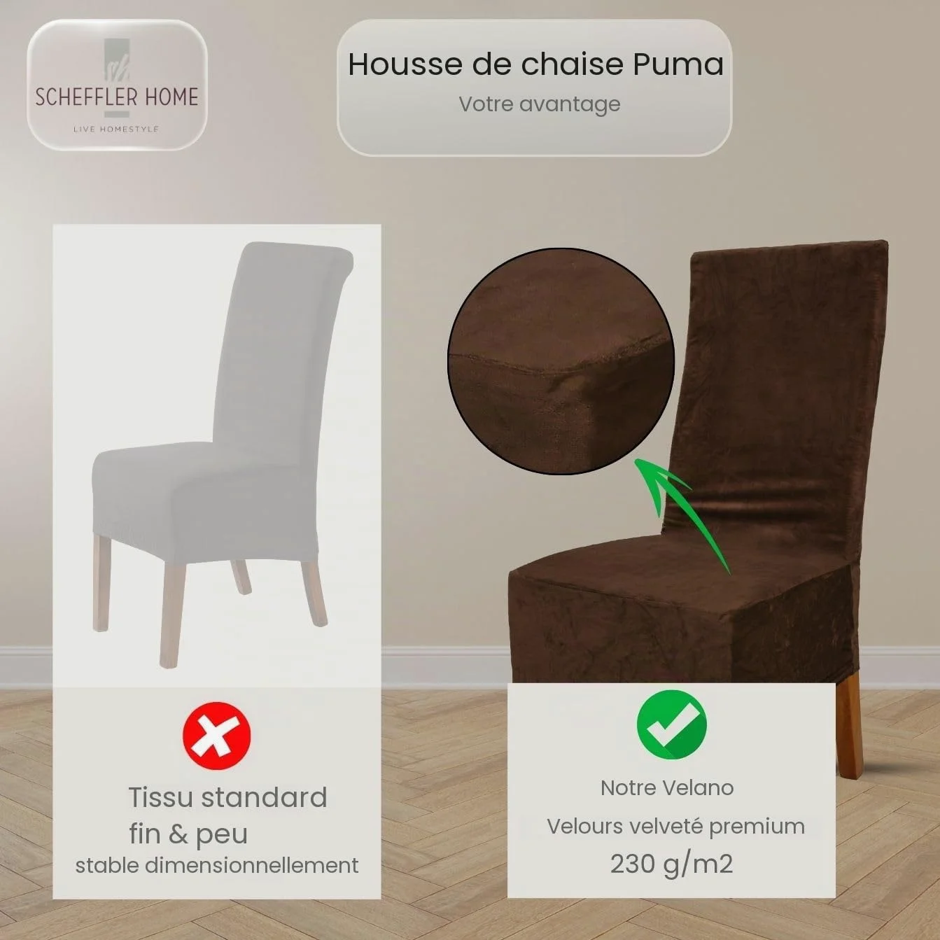 SCHEFFLER-Home Housse de Chaise Extensible « Puma Velvet » / Lot de 4 / Marron/Housses de siège élastiques en Velours/Housses de Chaise pour Chaise Luge