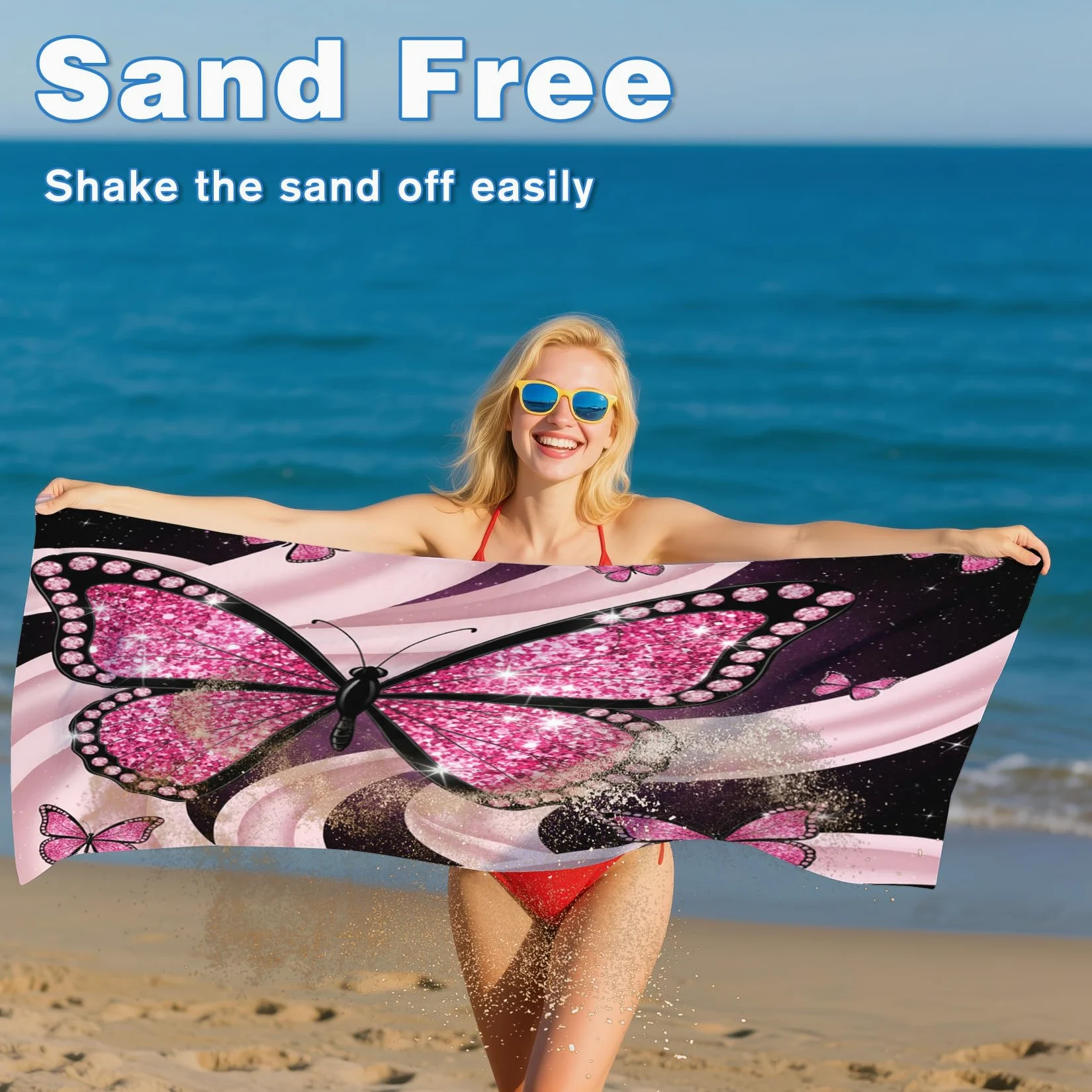 Serviette de Plage XXL Microfibre Papillon Rose Romantique Fille, Drap de Plage Séchage Rapide Anti Sable & Légère, Serviette de Bain Grande Taille 200x200 cm, Accessoire & Cadeau été