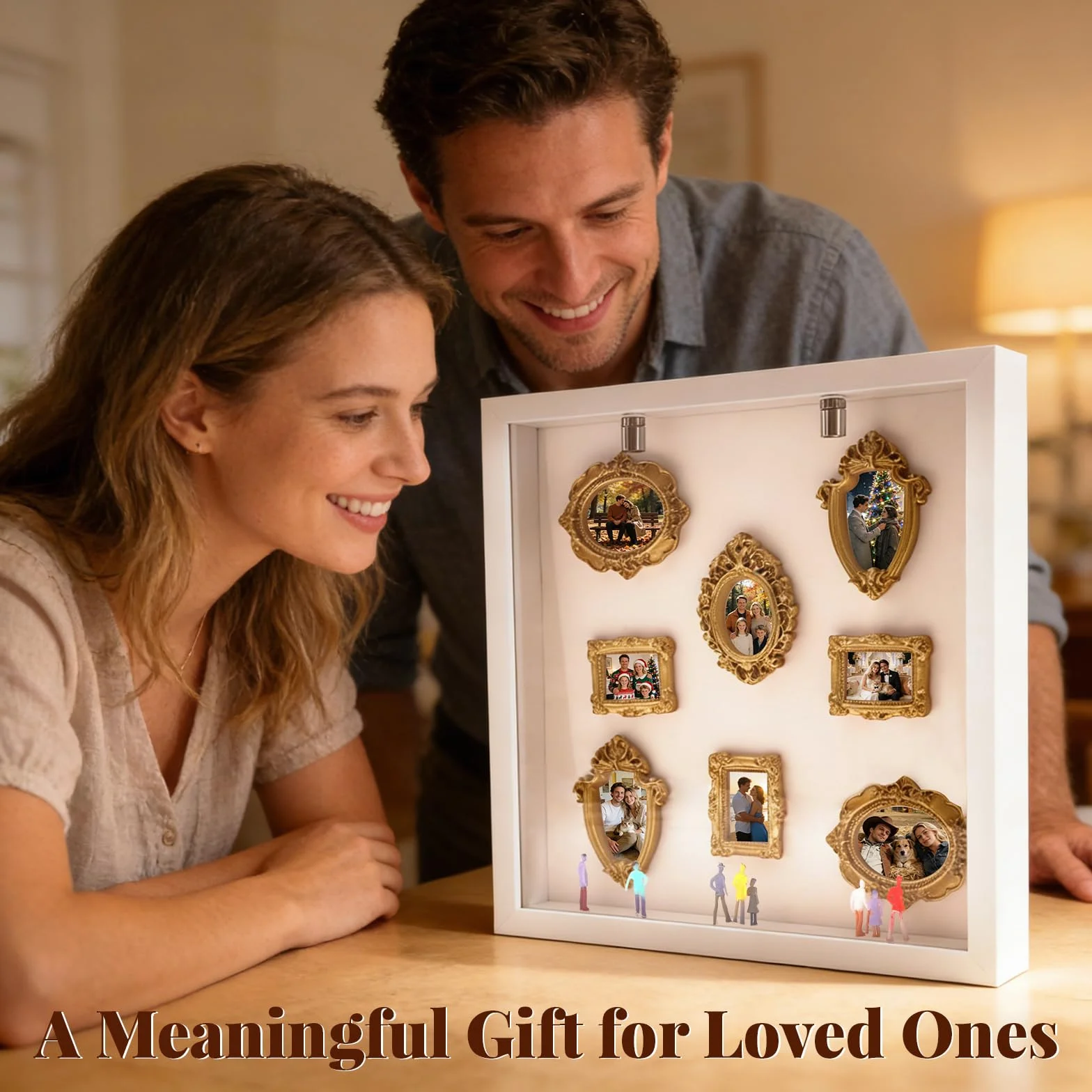 Coffret DIY Mini Musée Silhouette Shadow Box avec Éclairage LED, 8 Cadres Dorés & Figurines Aléatoires