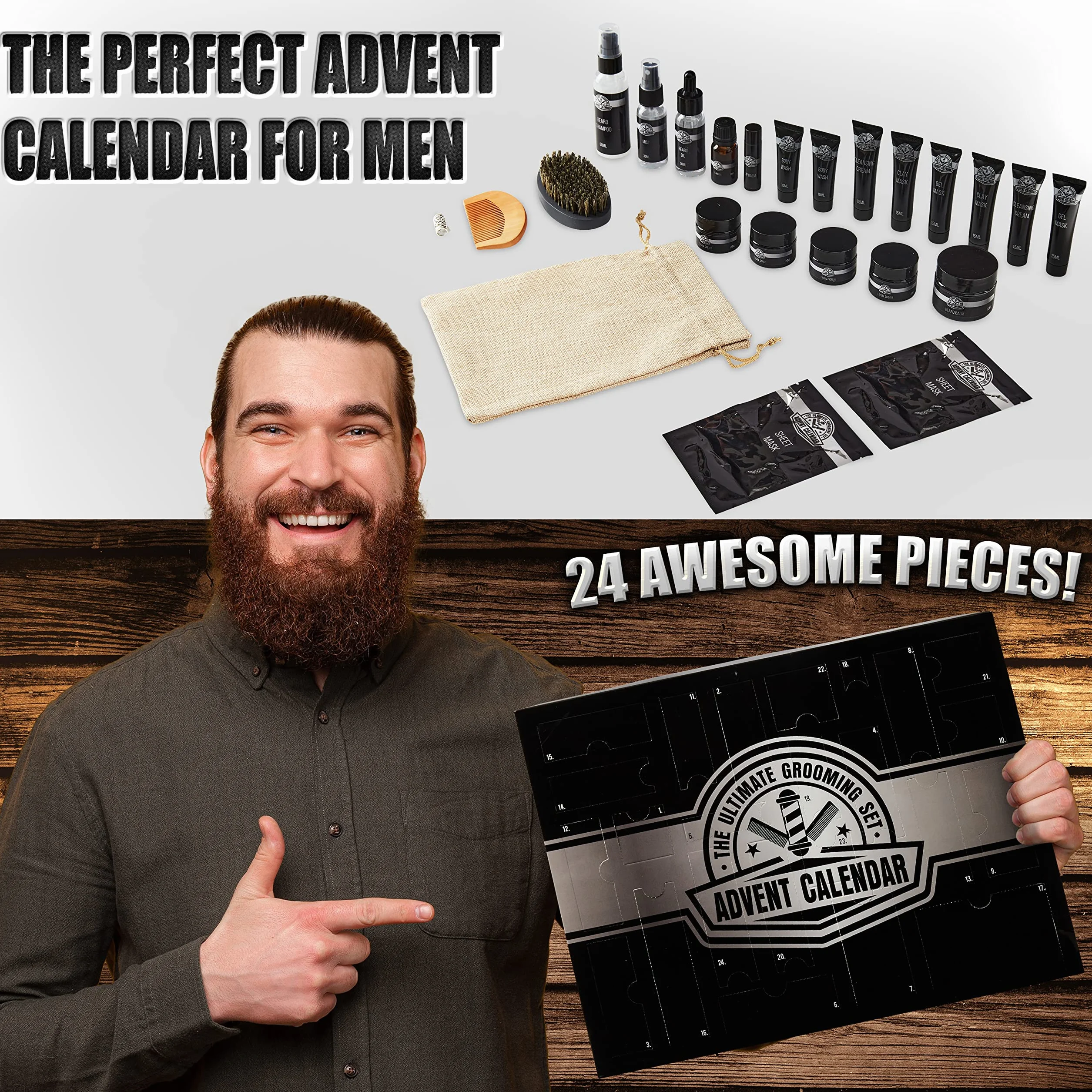 KreativeKraft Calendrier de l'Avent 2025 Homme 24 Surprises Kit Barbe Huiles Baumes Gommages Peignes
