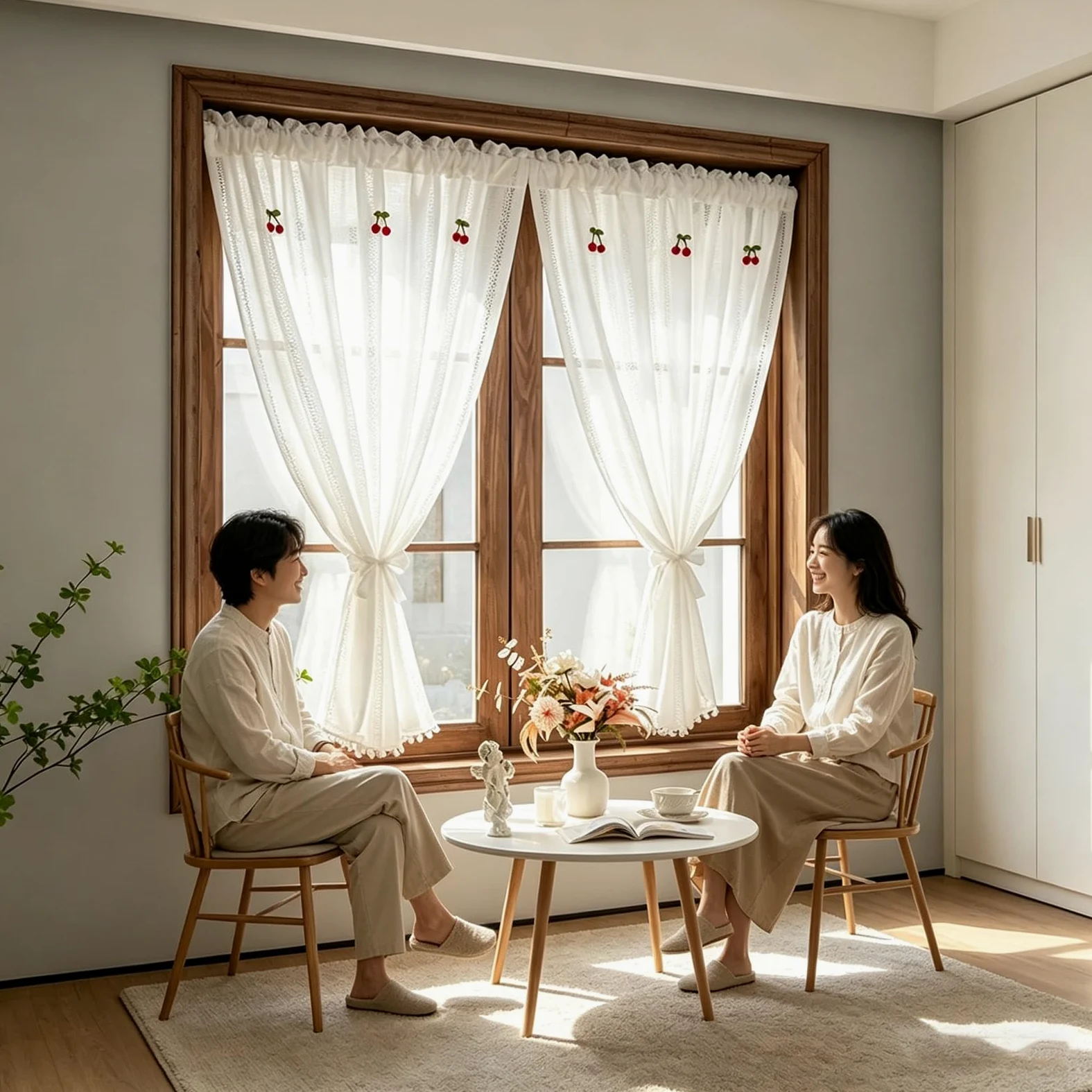 Rideaux en Dentelle Blanc avec Pompons, 2 Pièces Rideau Florales au Crochet de Ferme Française Filtre la Lumière Poche de Tige pour Armoire Salon(WxH250x180cm/98x71inch)