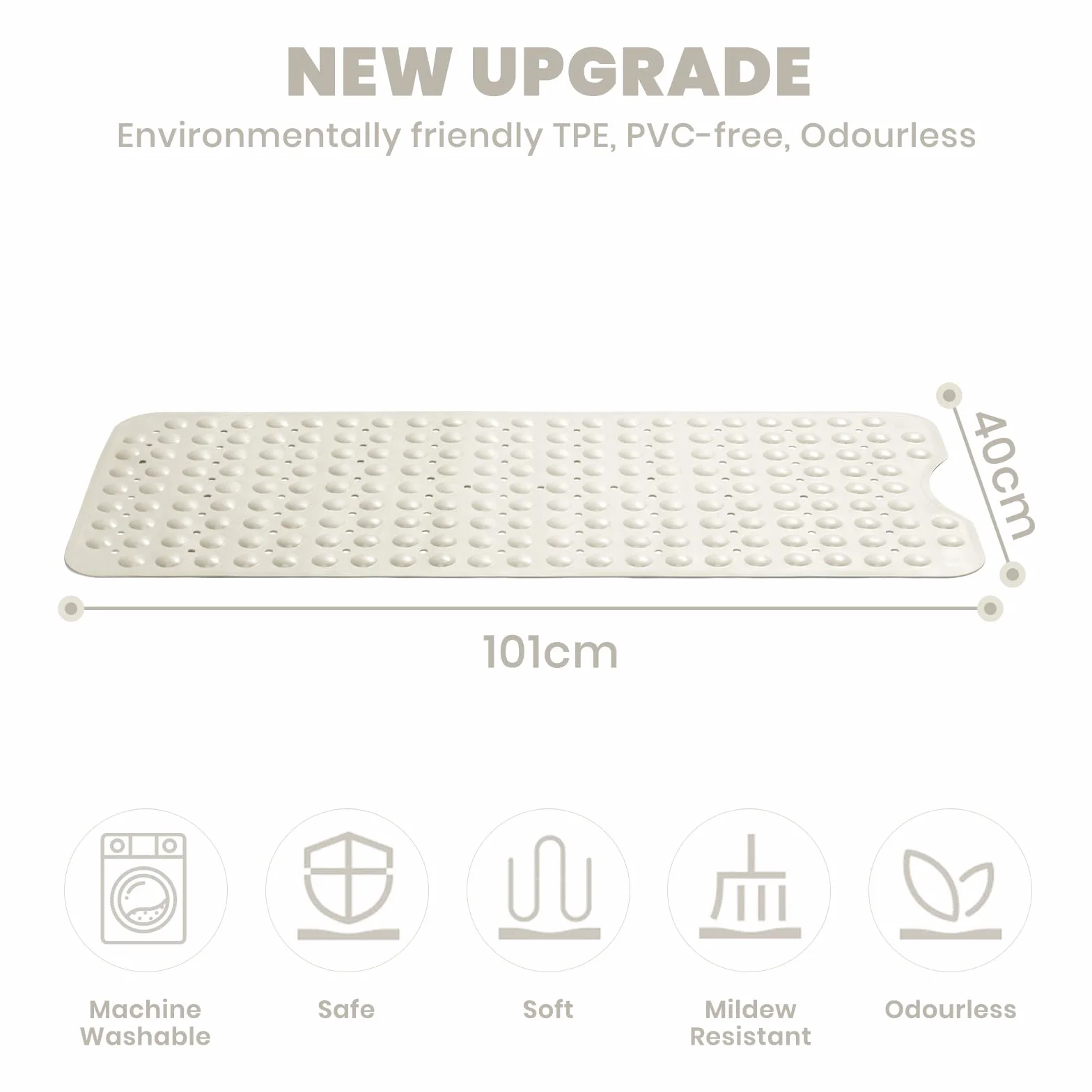 Tapis de Bain antidérapant Extra Large 101 x 40 cm Beige Good Nite avec ventouses Anti-moisissure Lavable en Machine