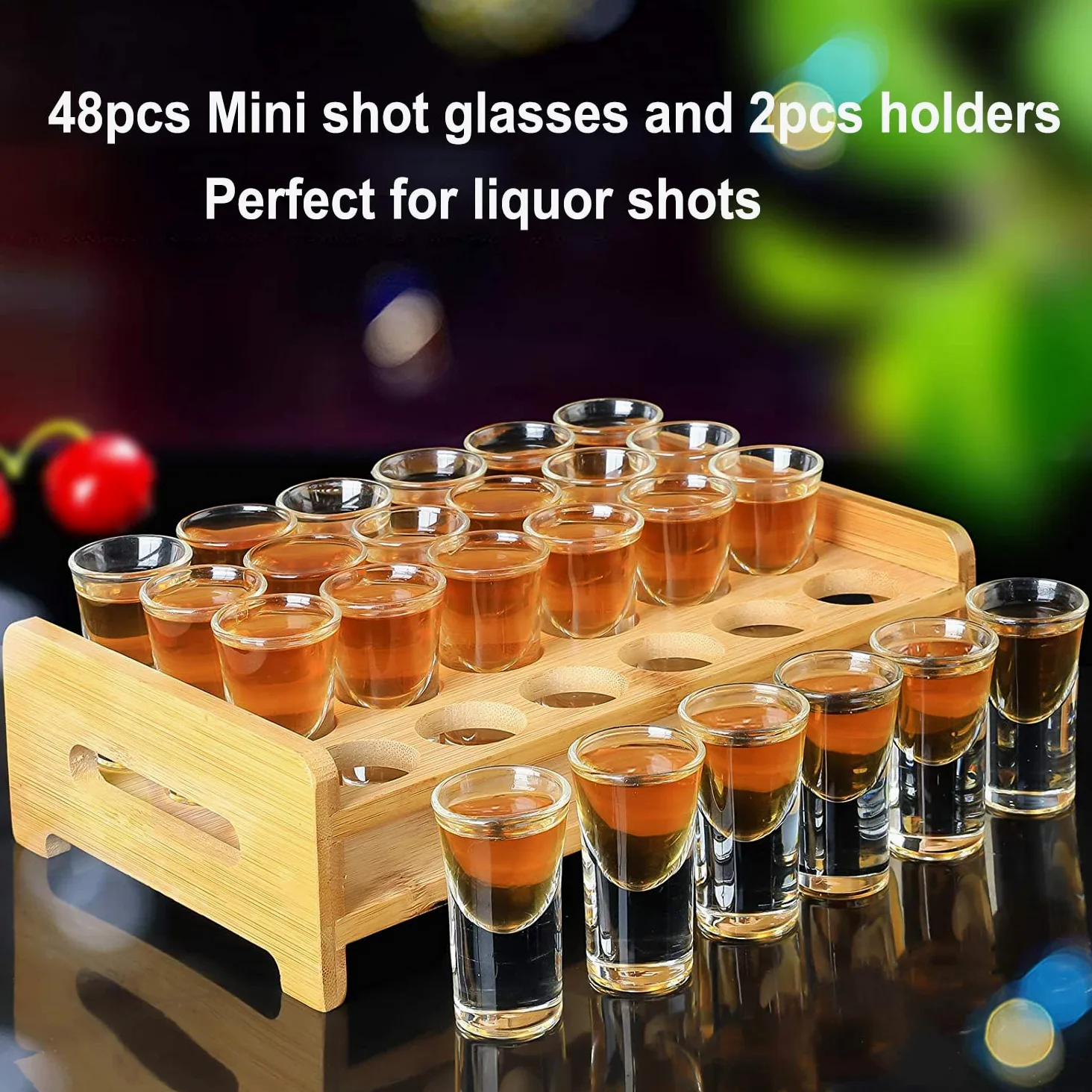 Lot de 48 mini verres à shot en vrac de 15 ml avec 2 plateaux, organiseurs, base épaisse, verres en verre transparent pour fête, club, bar, spiritueux