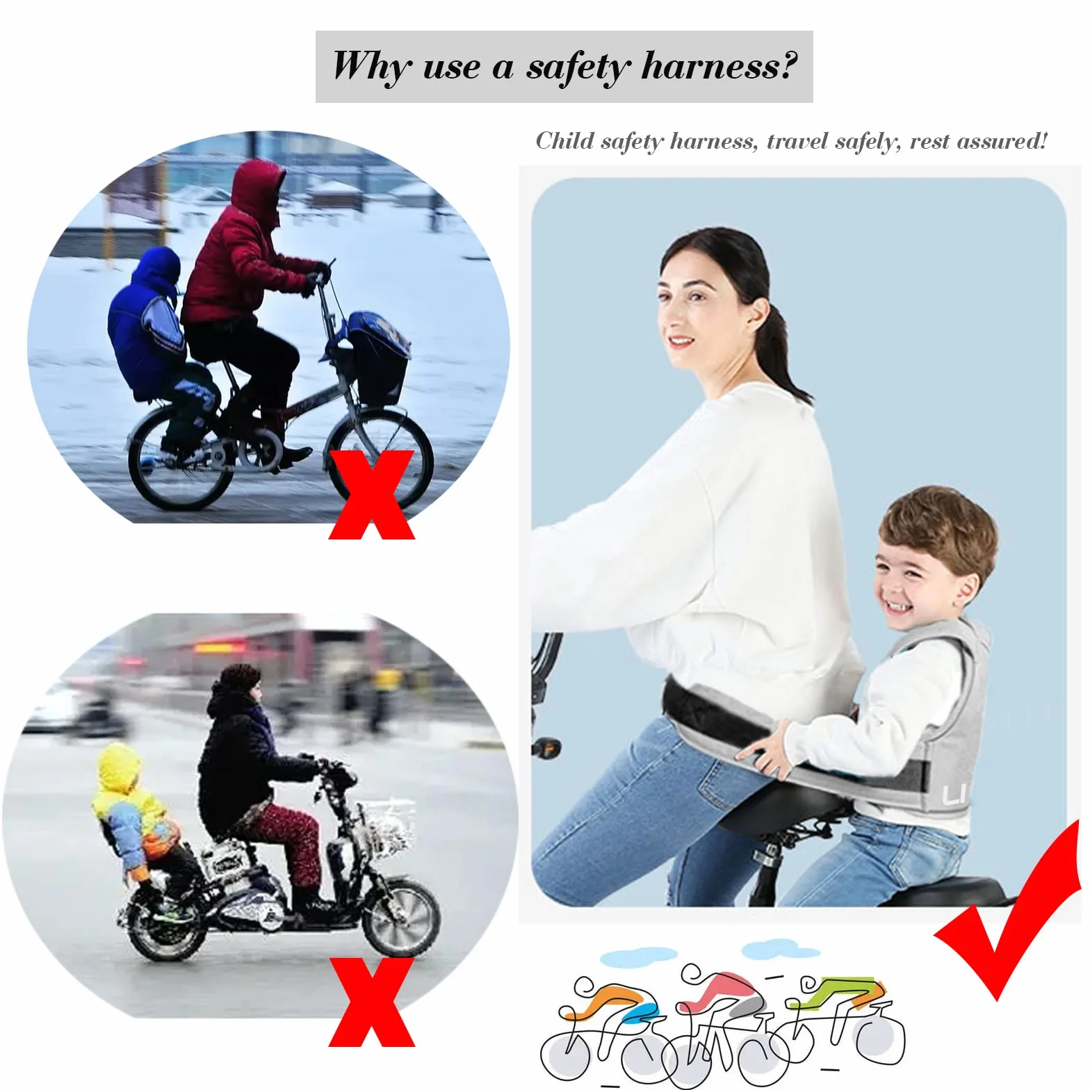Ceinture de Sécurité Moto Enfant Réglable Harnais Réfléchissant Pliable 3-10 Ans Vert
