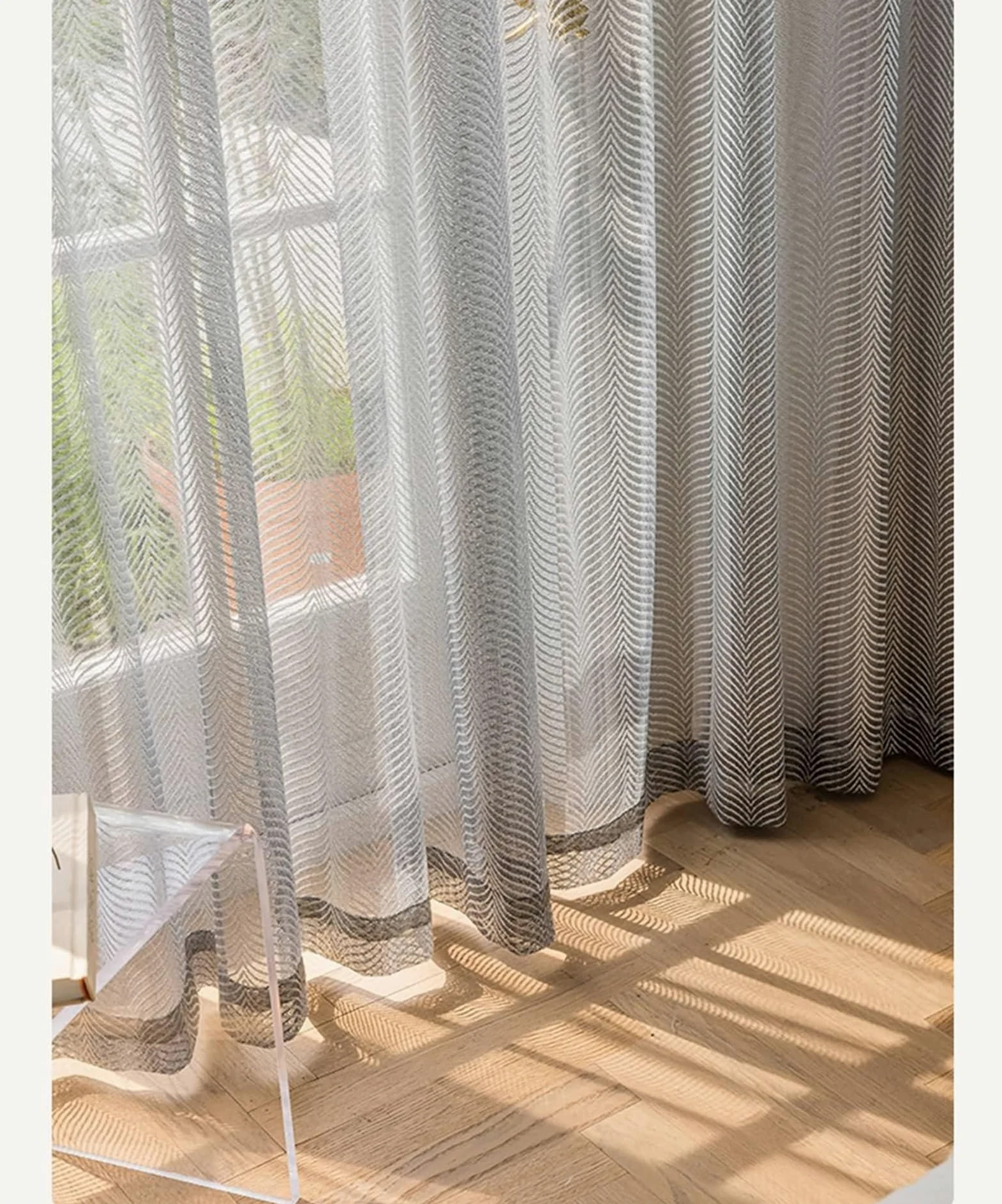 Rideaux Voilage 86x183, Rideau Fenêtres Salon Polyester Fil Noir Texturé à Chevrons, Oeillet, Lot de 2